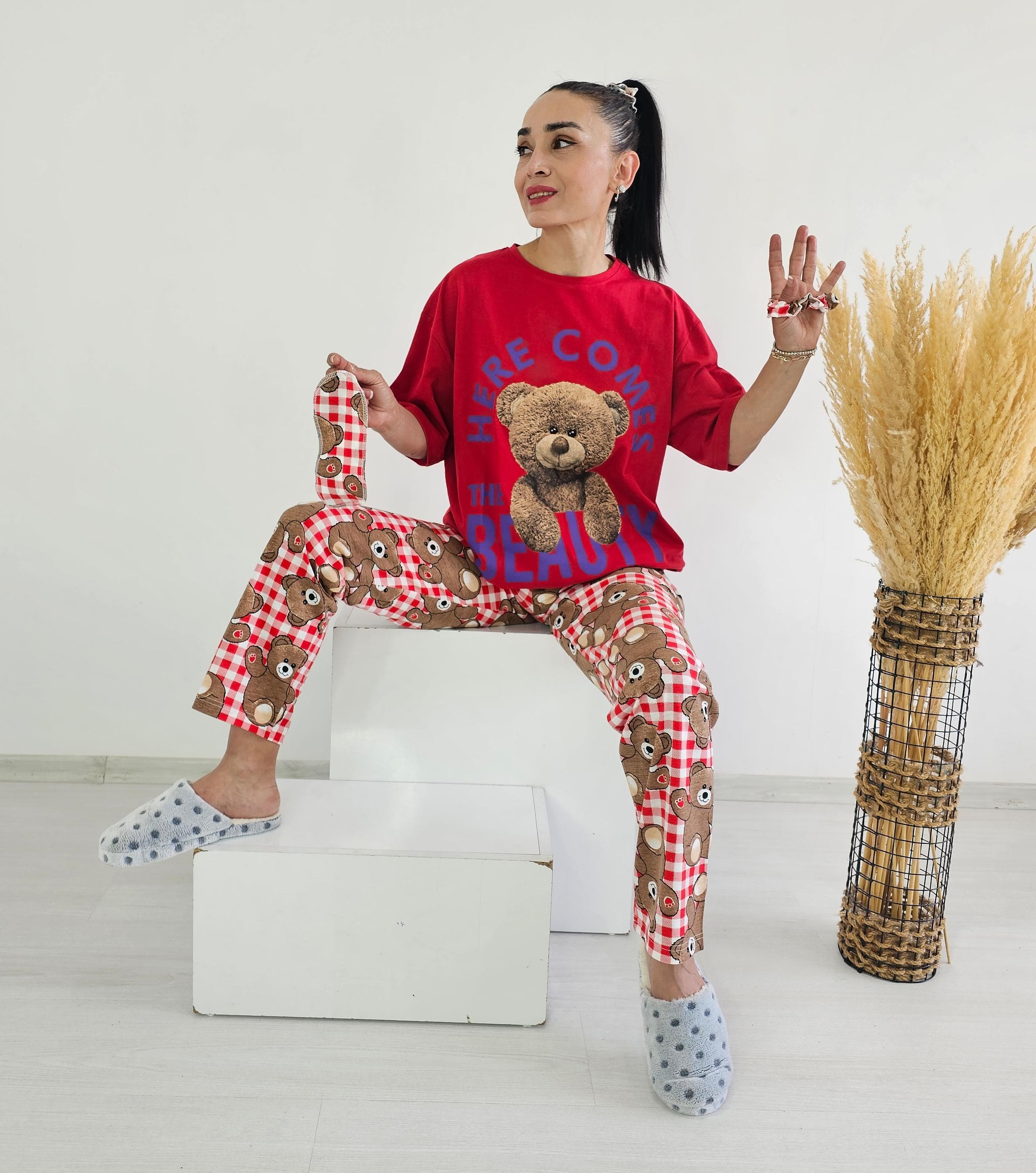 Altı Ekose Ayıcık Pijama Takımı - New kırmızı