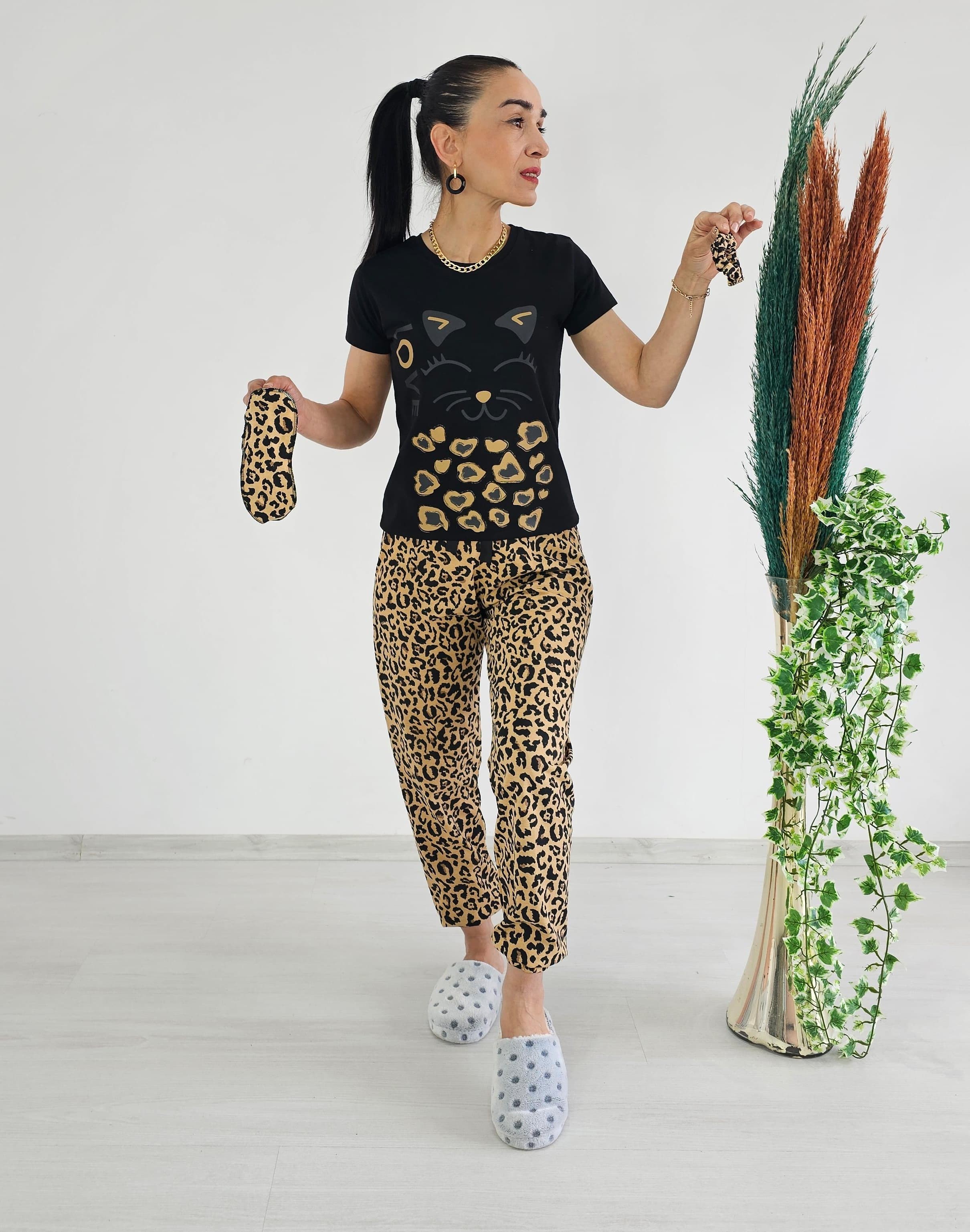 Leopar Pijama Takımı - SİYAH