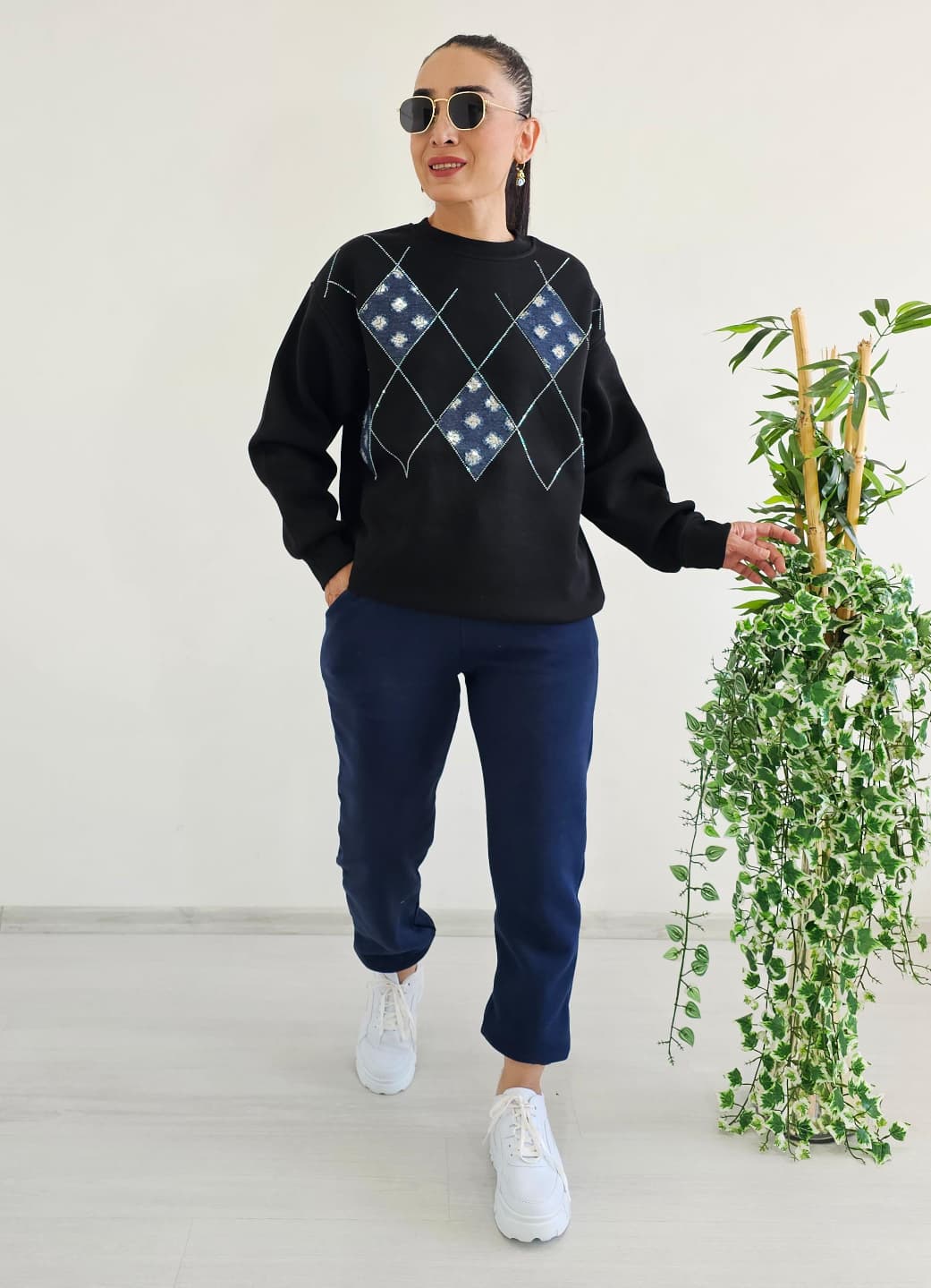 Baklava Desen 3 İp Şardonlu Eşofman Takım - SİYAH