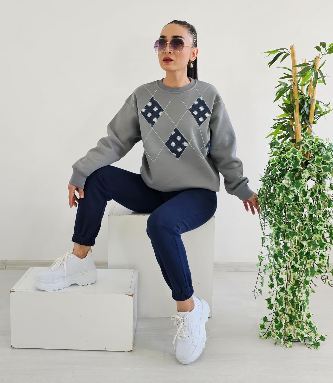 Baklava Desen 3 İp Şardonlu Eşofman Takım