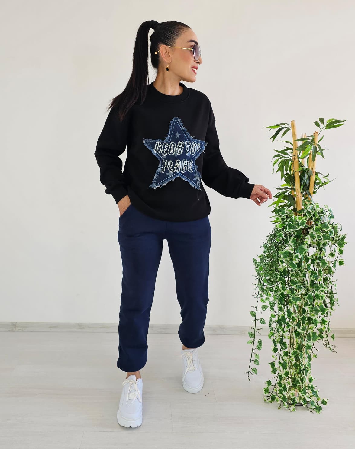 Yıldız Kot Detay 3 İp Şardonlu Eşofman Takımı - SİYAH