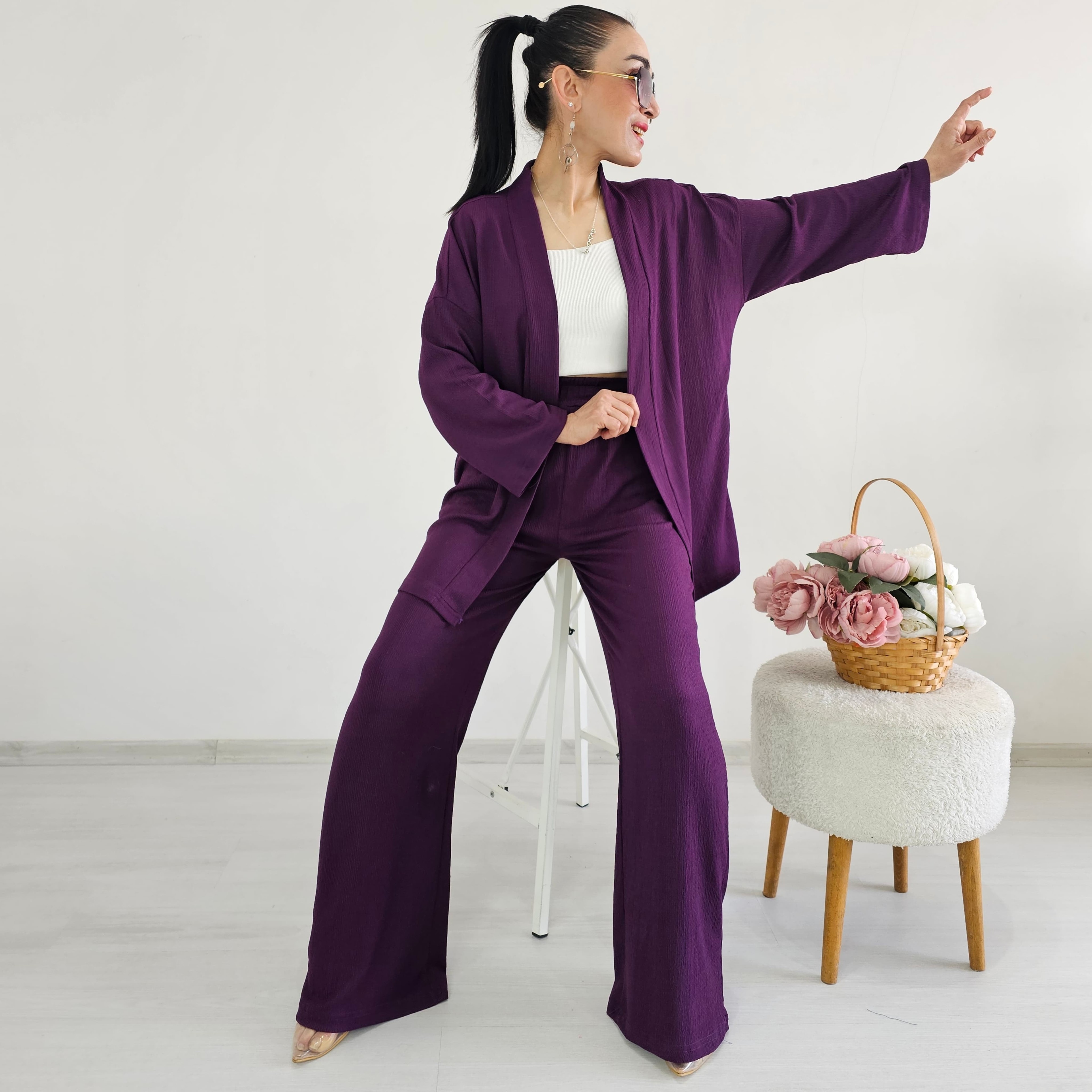 Bürümcek Kumaş Geniş Paça İkili Kimono Takımı - MOR