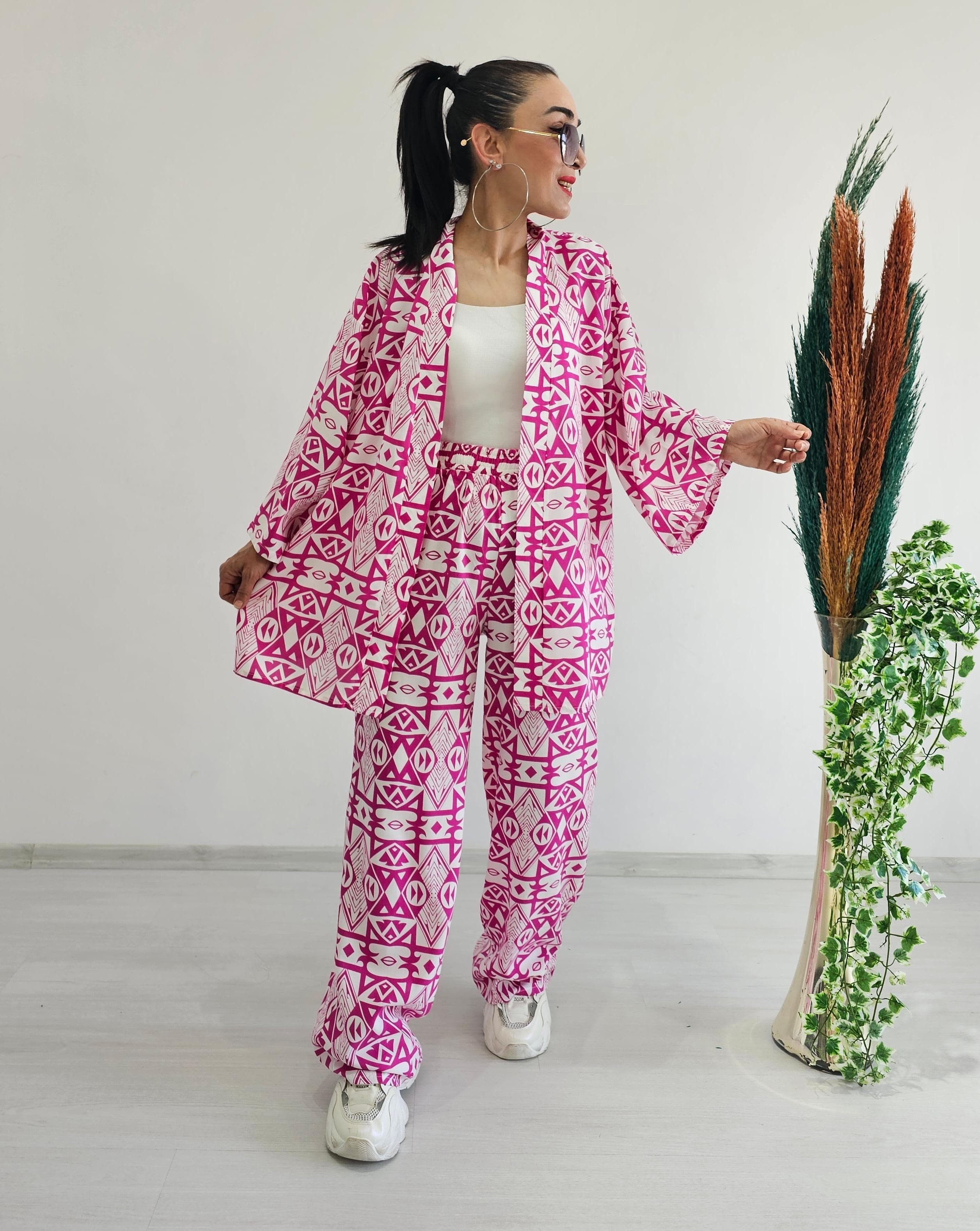 Etnik Desen Kimono Takım - Pembe