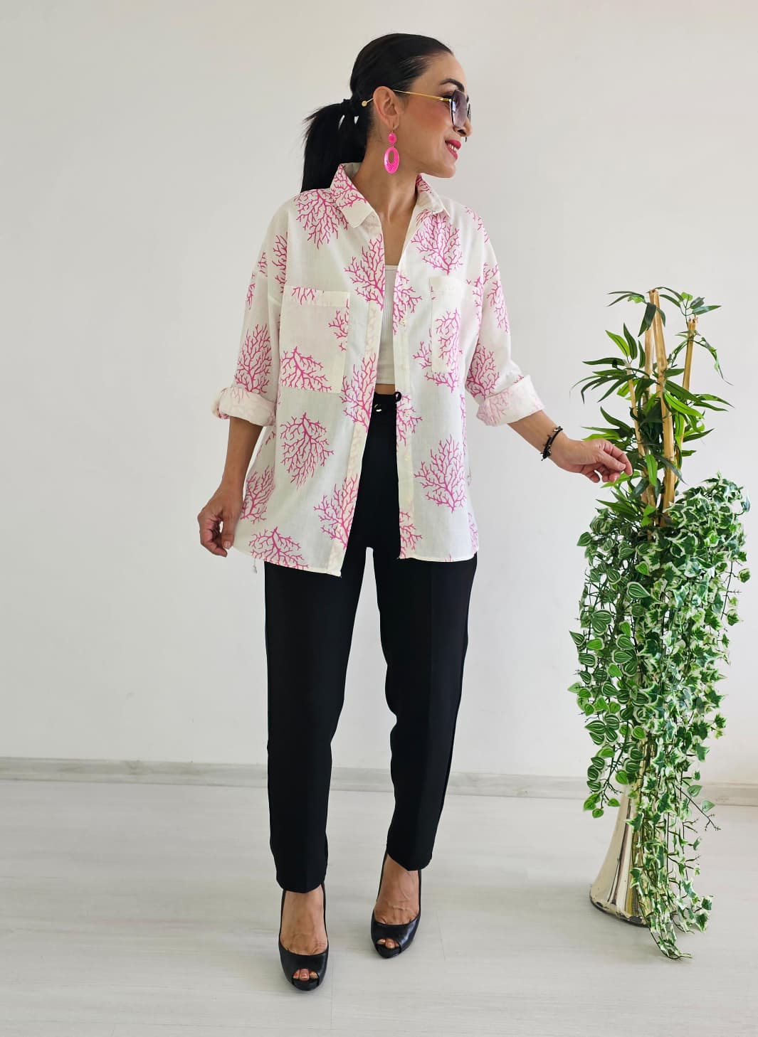 Yaprak Desen Gömlek - KIRMIZI