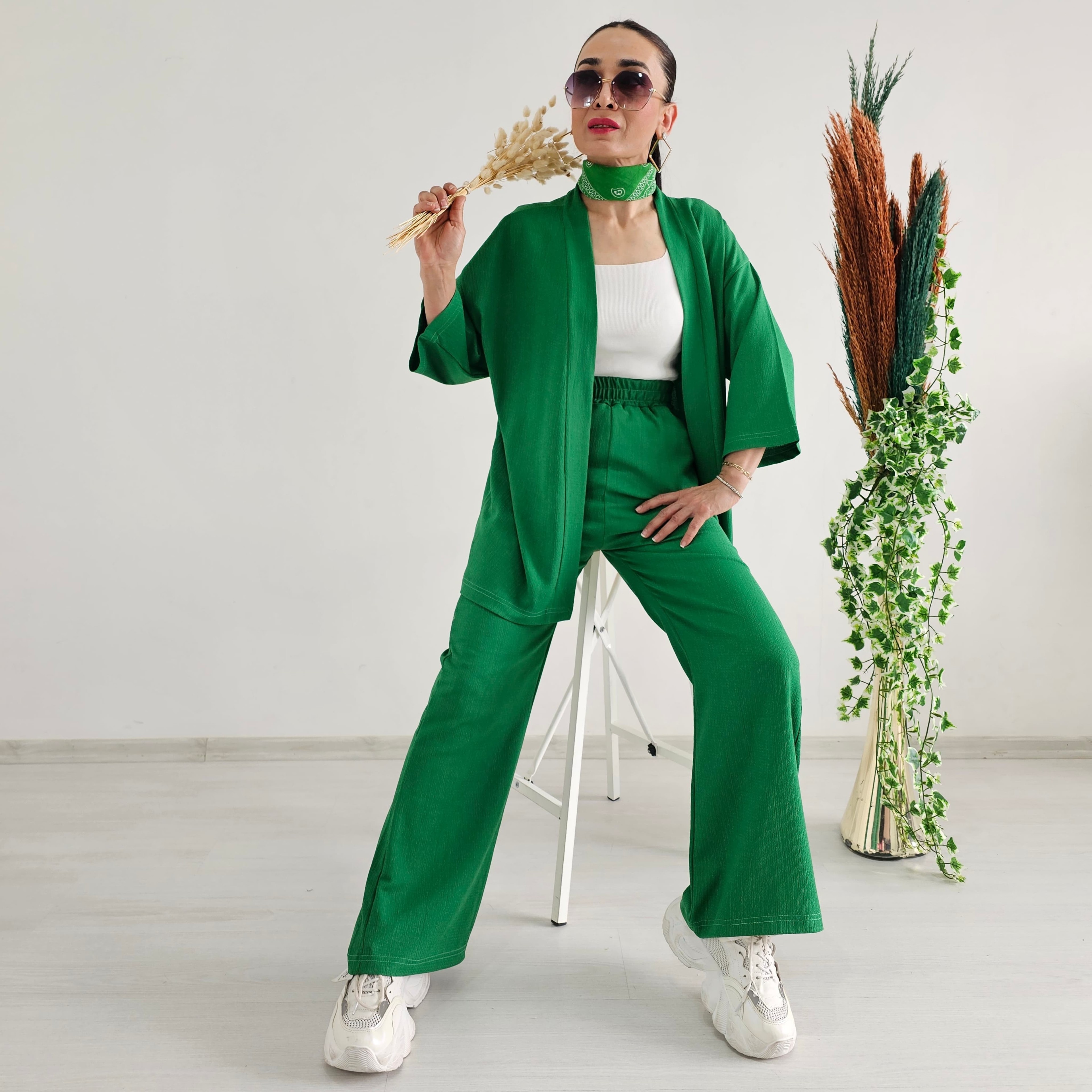 Bürümcek Kumaş Geniş Paça İkili Kimono Takımı - BREZİLYA YEŞİLİ