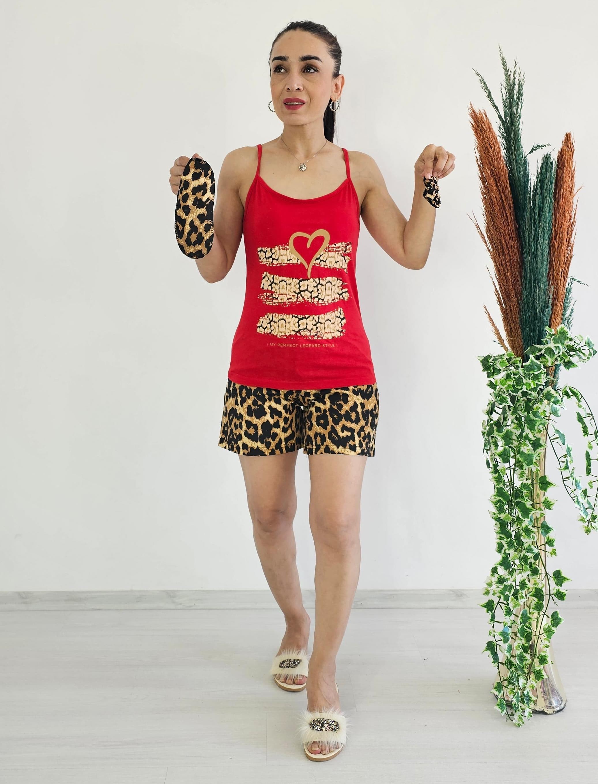Tek Kalan Şortlu Pijama Takım - leopar kırmızı