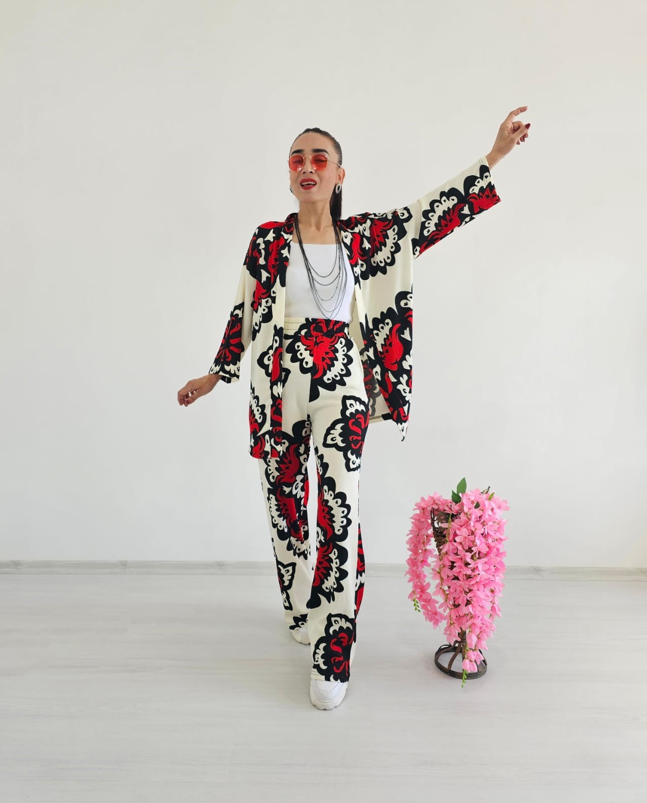Etnik Desen Trend Kimono Takımı - KIRMIZI