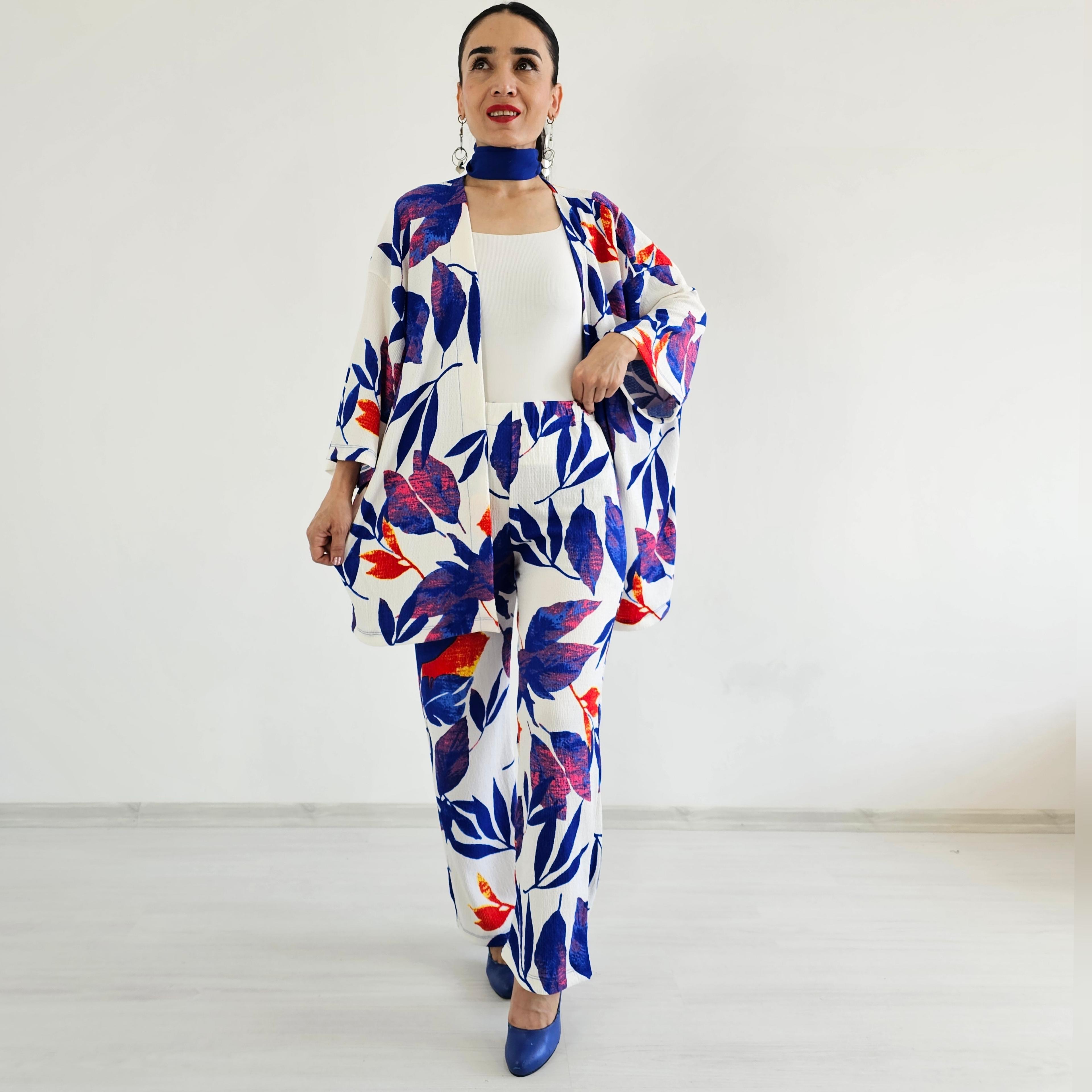 Zulaa Büyük Yaprak Desenli Kimono Takımı - SAKS