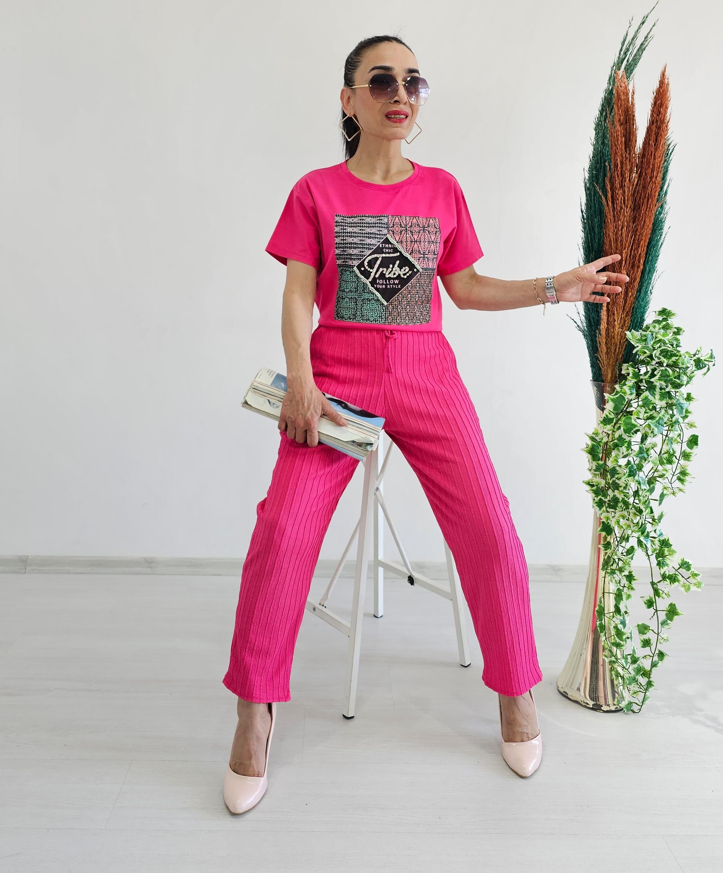 Tribe Taşlı Tişört - Pembe