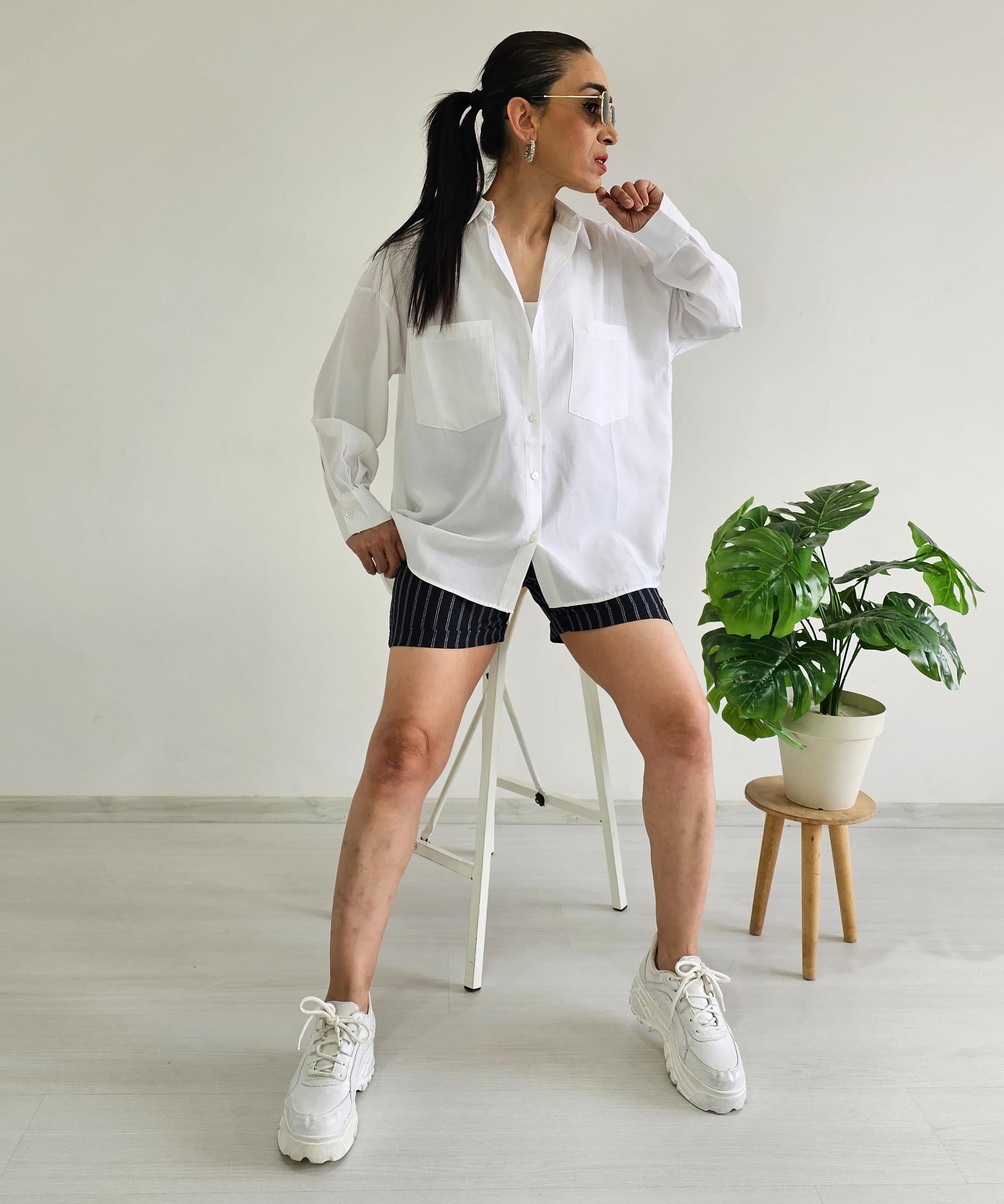 Çift Cepli Oversize Gömlek - BEYAZ
