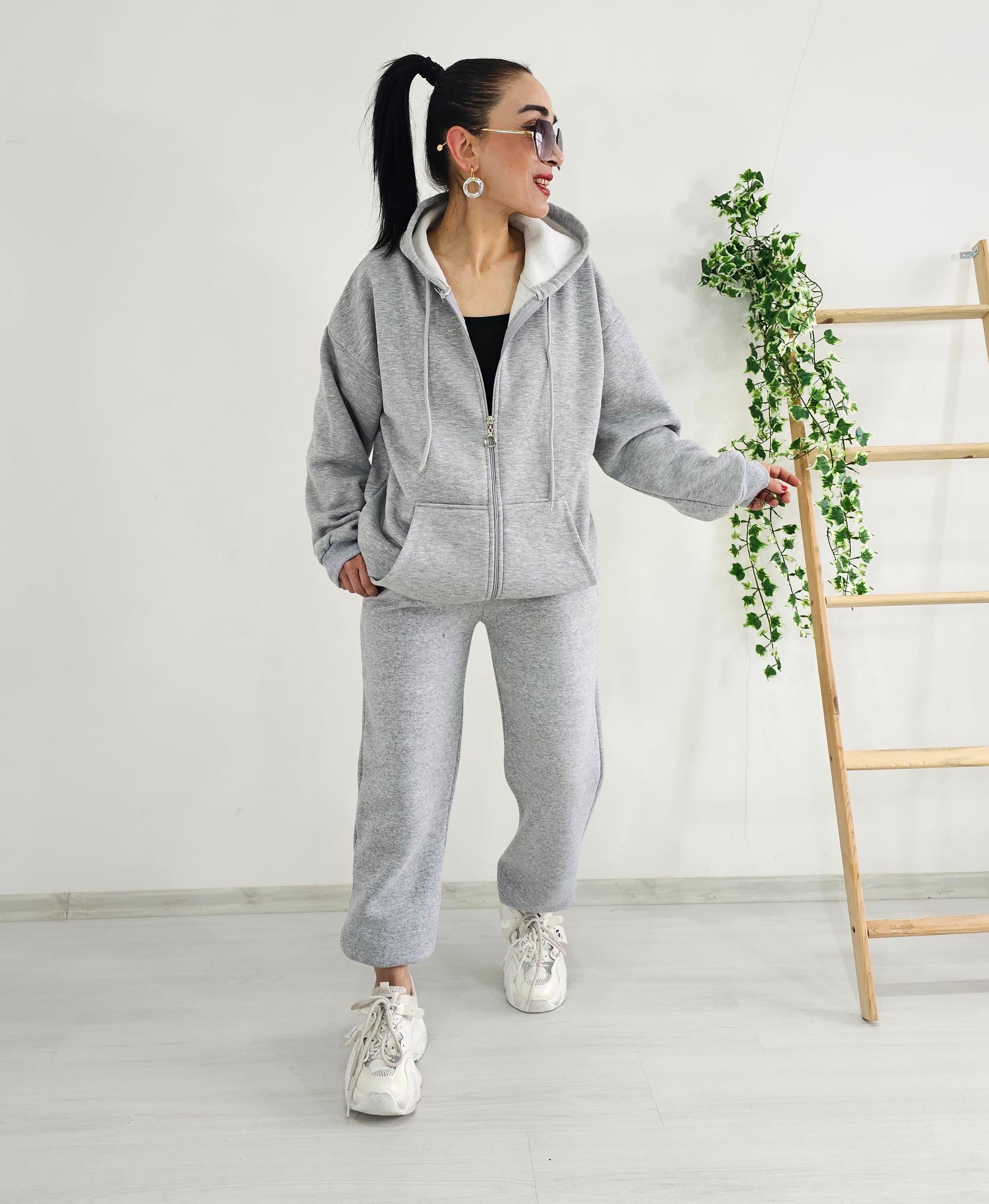 Fermuar Detay Kapşonlu Oversize Ceket - GRİ