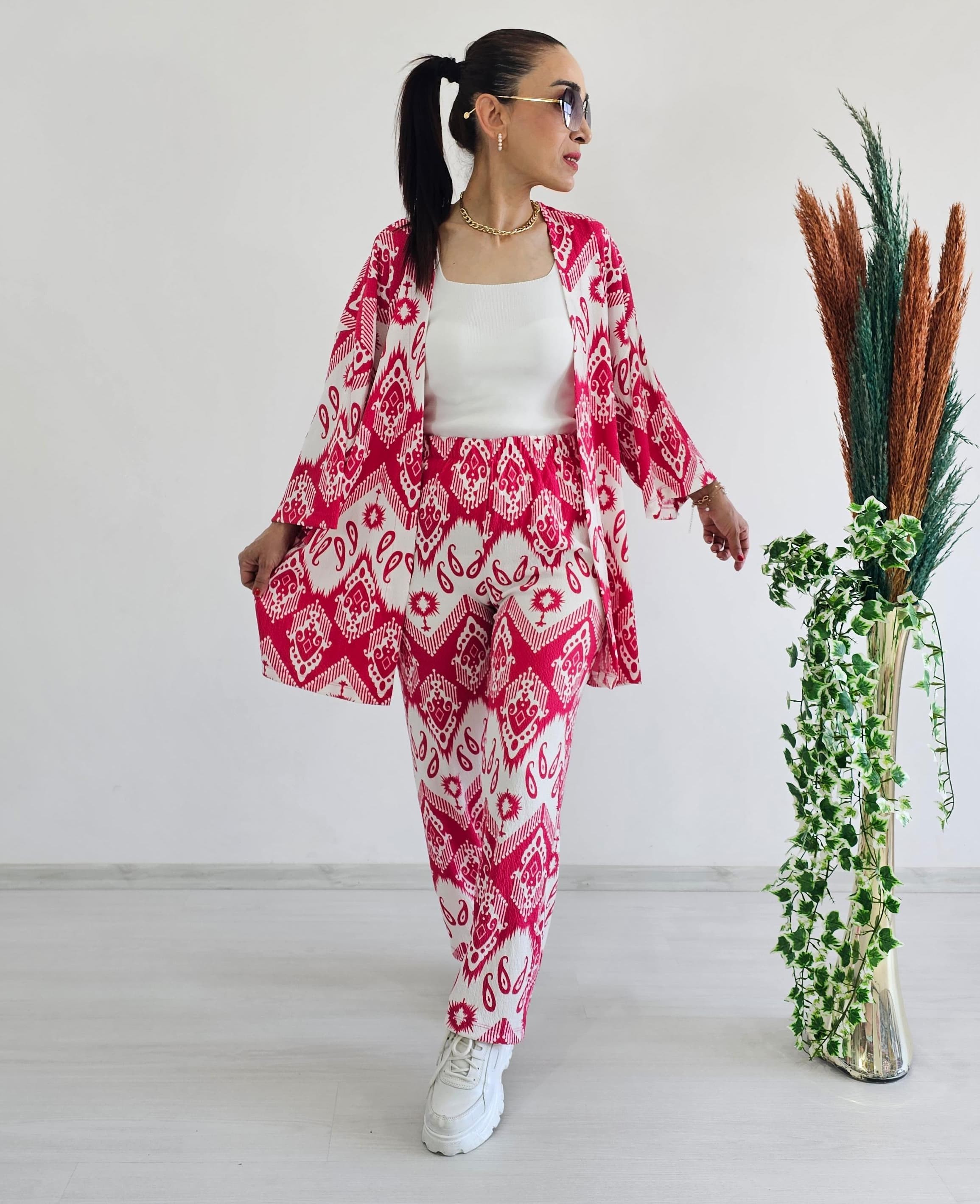 Tam Bel Boru Paça Desenli Kimono Takımı - FUŞYA