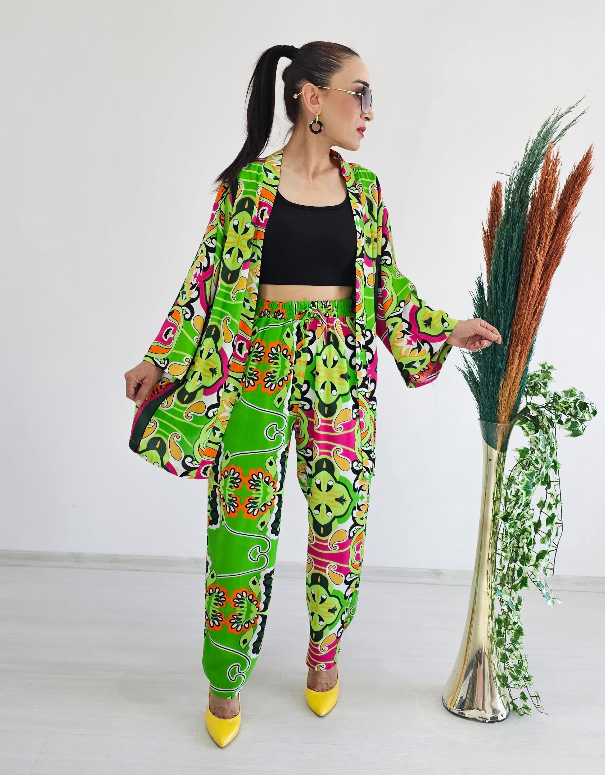 New Etnik Desen Havuç Kimono Takımı - YEŞİL