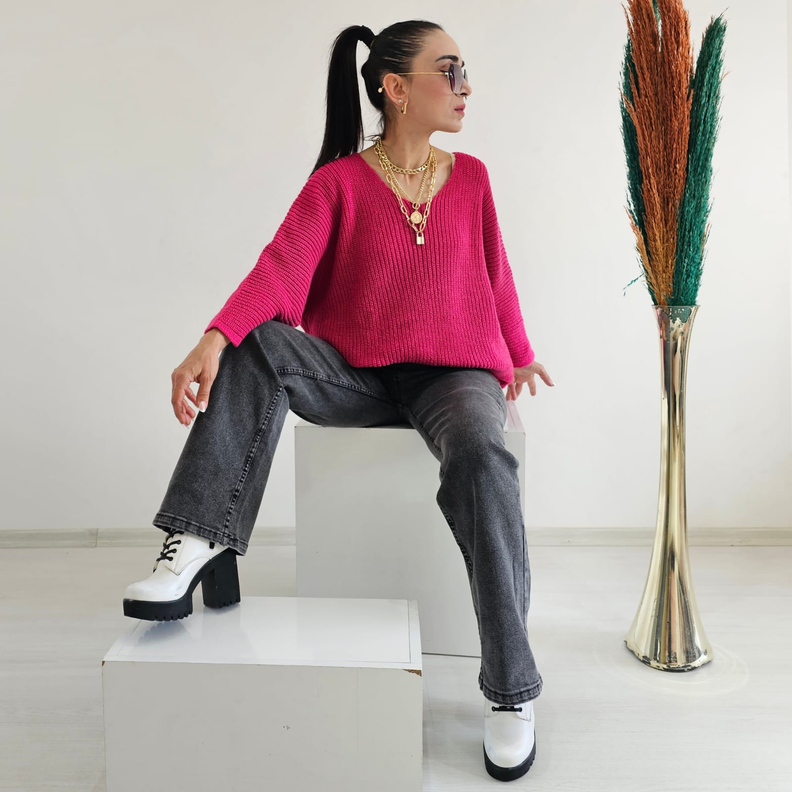 Yarasa Kol Örme Kazak - Pembe