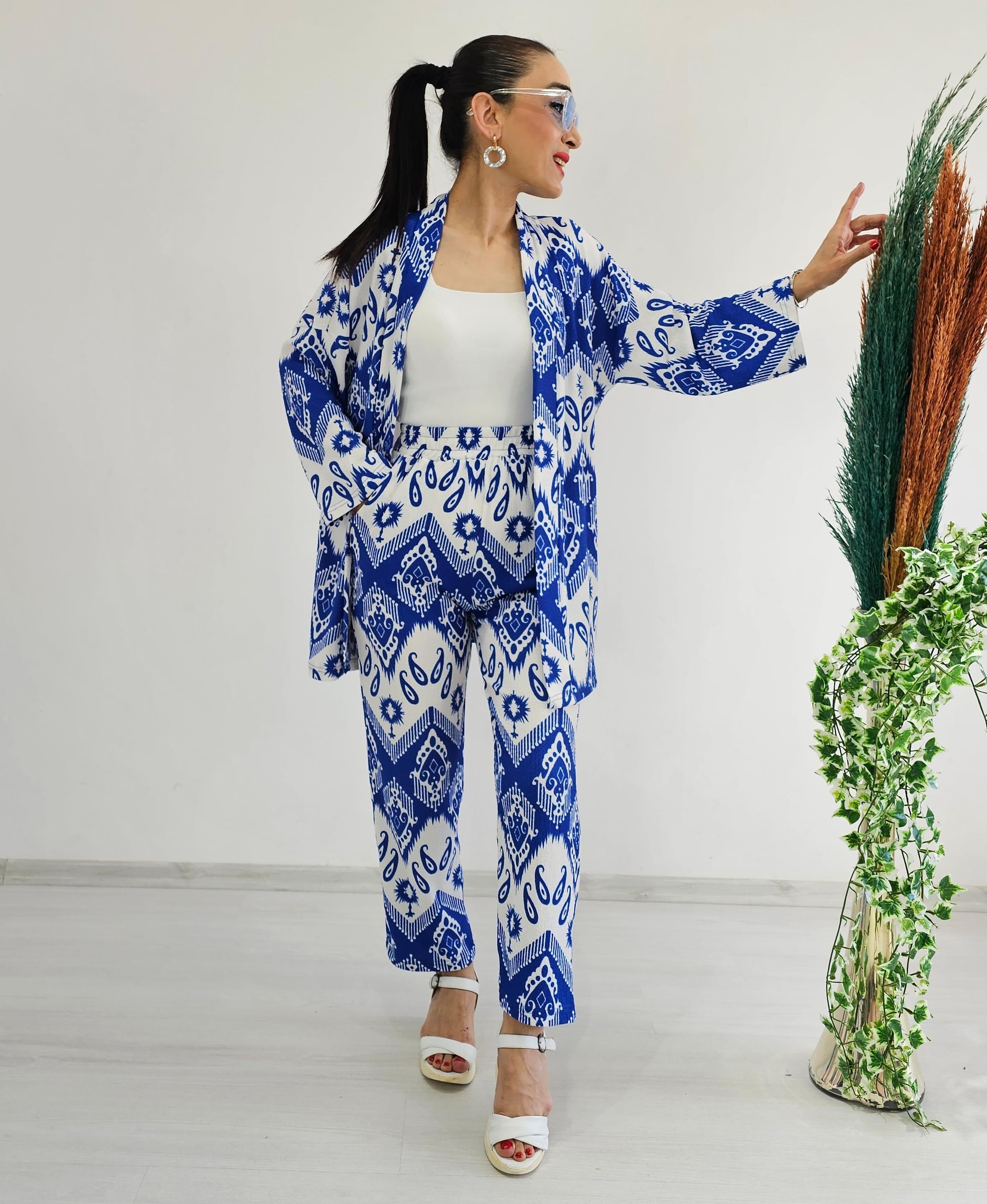 Dar Desenli Kimono Takımı - Mavi