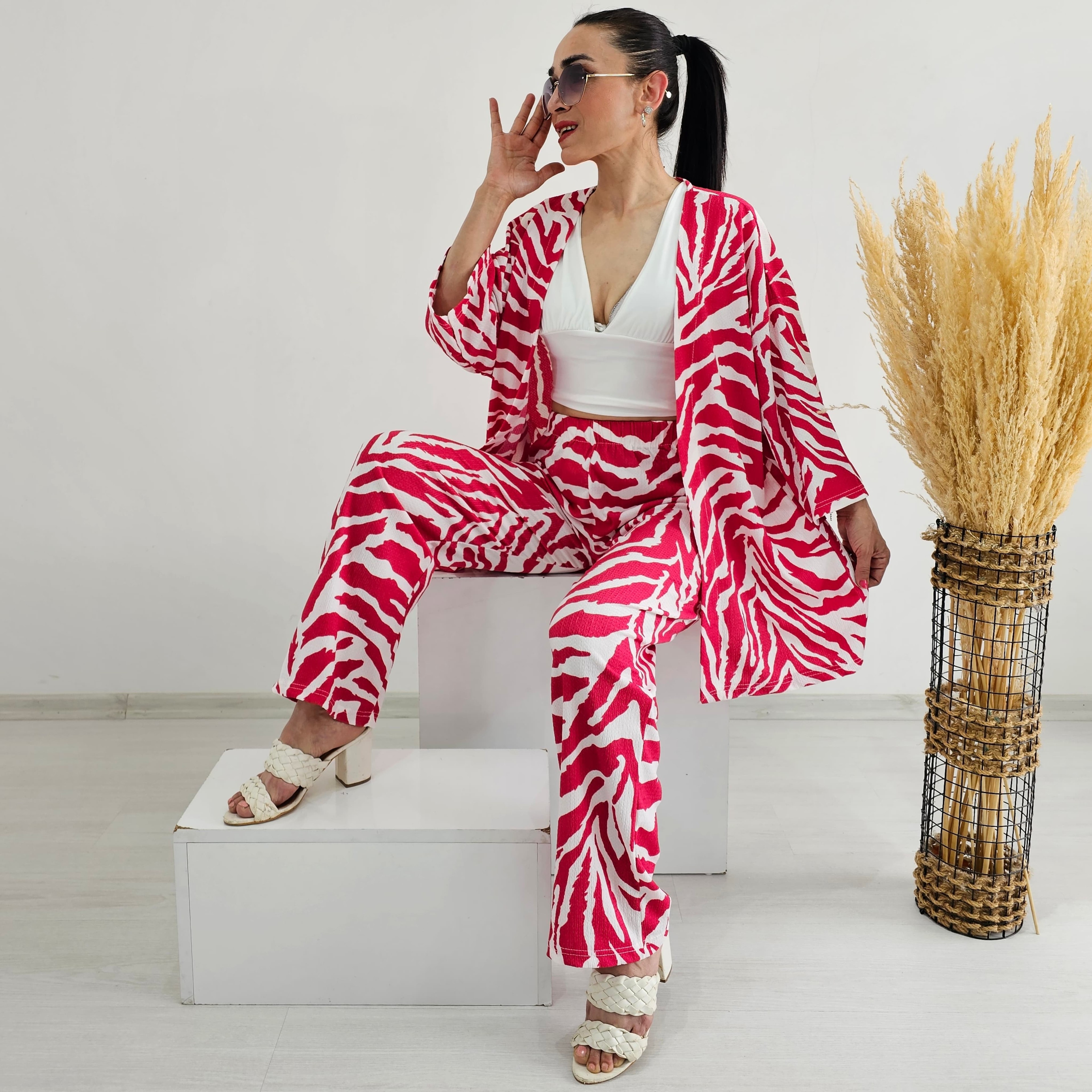 Tam bel Zebra Desen Kimono Takımı - FUŞYA