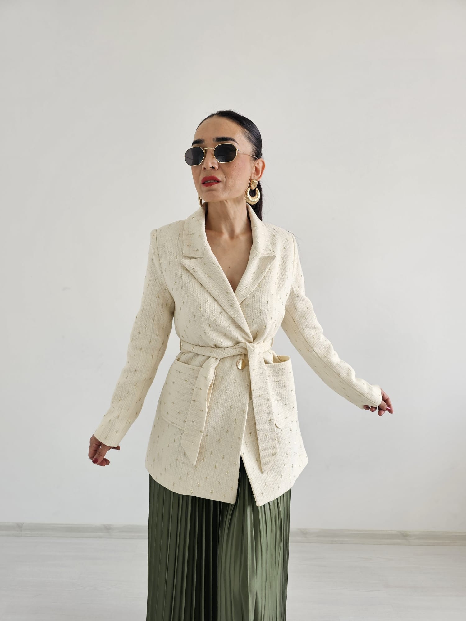 Simli Cep Detay Blazer Ceket - Krem
