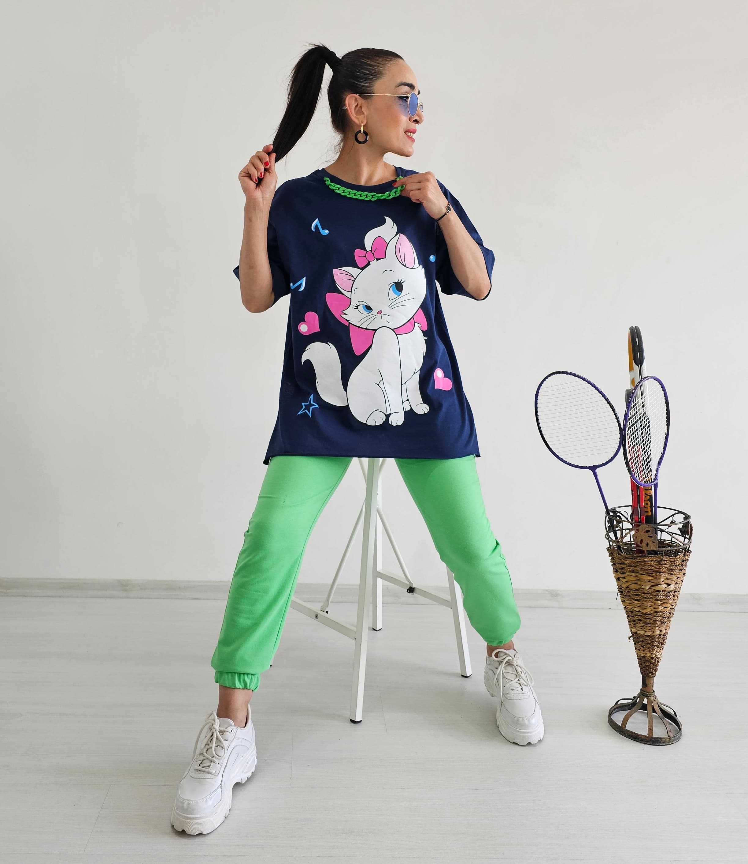 Kedi Baskı Kolyeli Eşofman Takımı - Lacivert