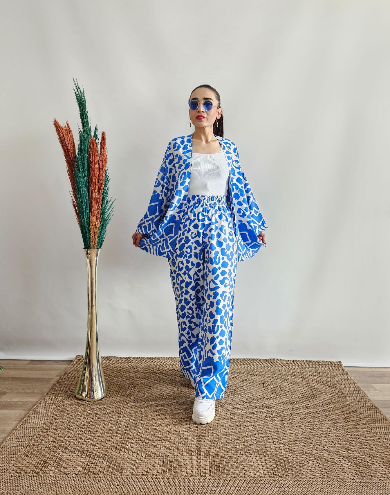 Taş Desen Viskon Kimono Takım - Mavi
