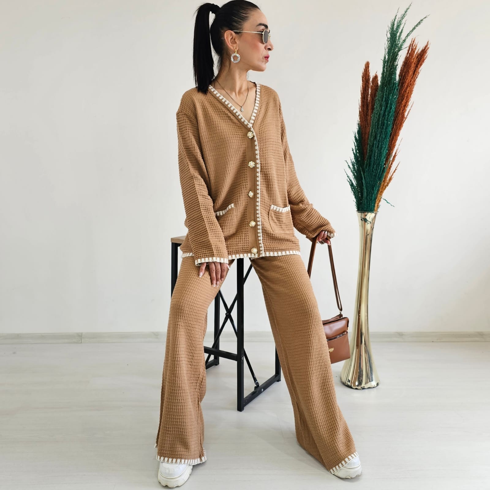 İşlemeli Kroşetalı İkili Cotton Takım - CAMEL