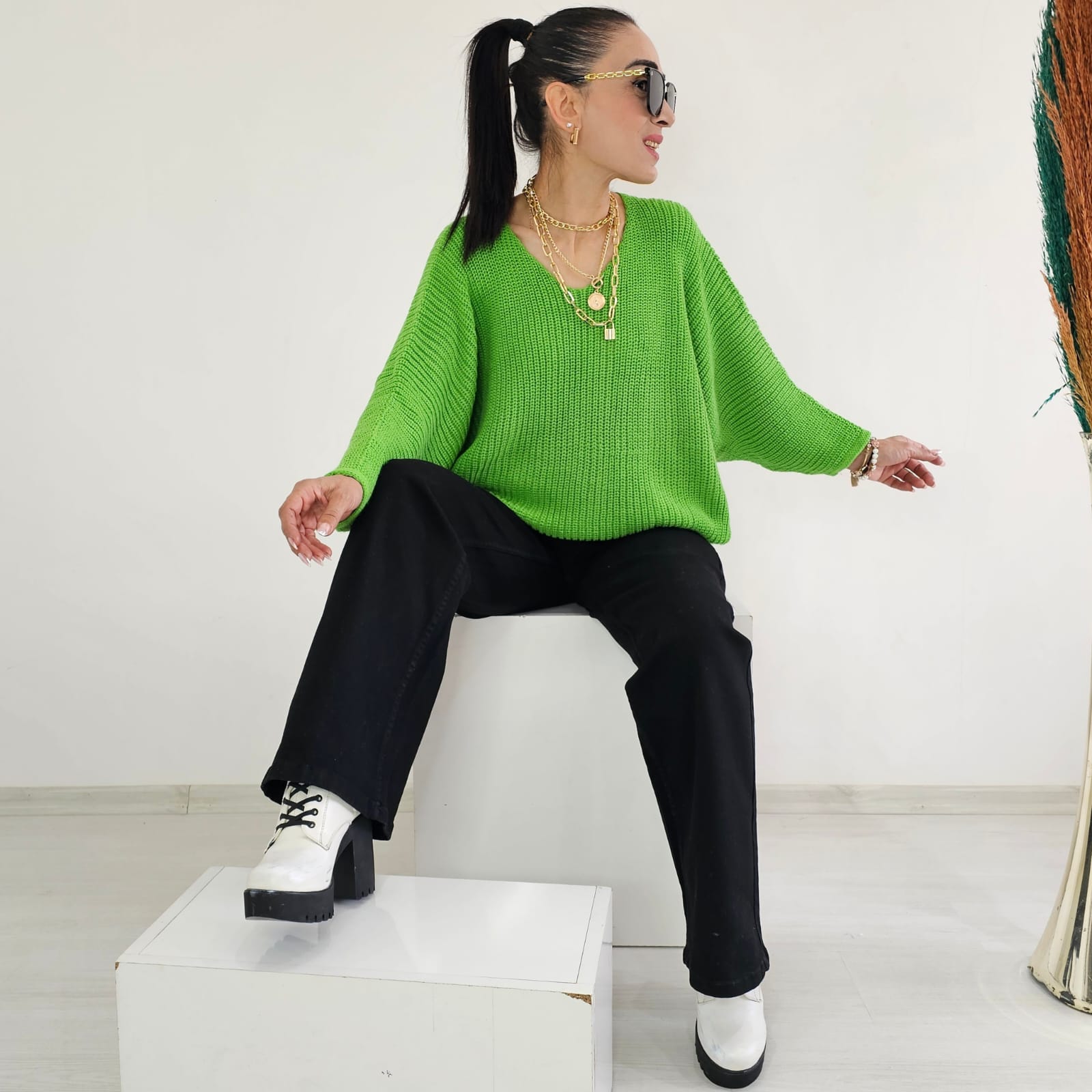 Yarasa Kol Örme Kazak - ÇİMEN YEŞİL