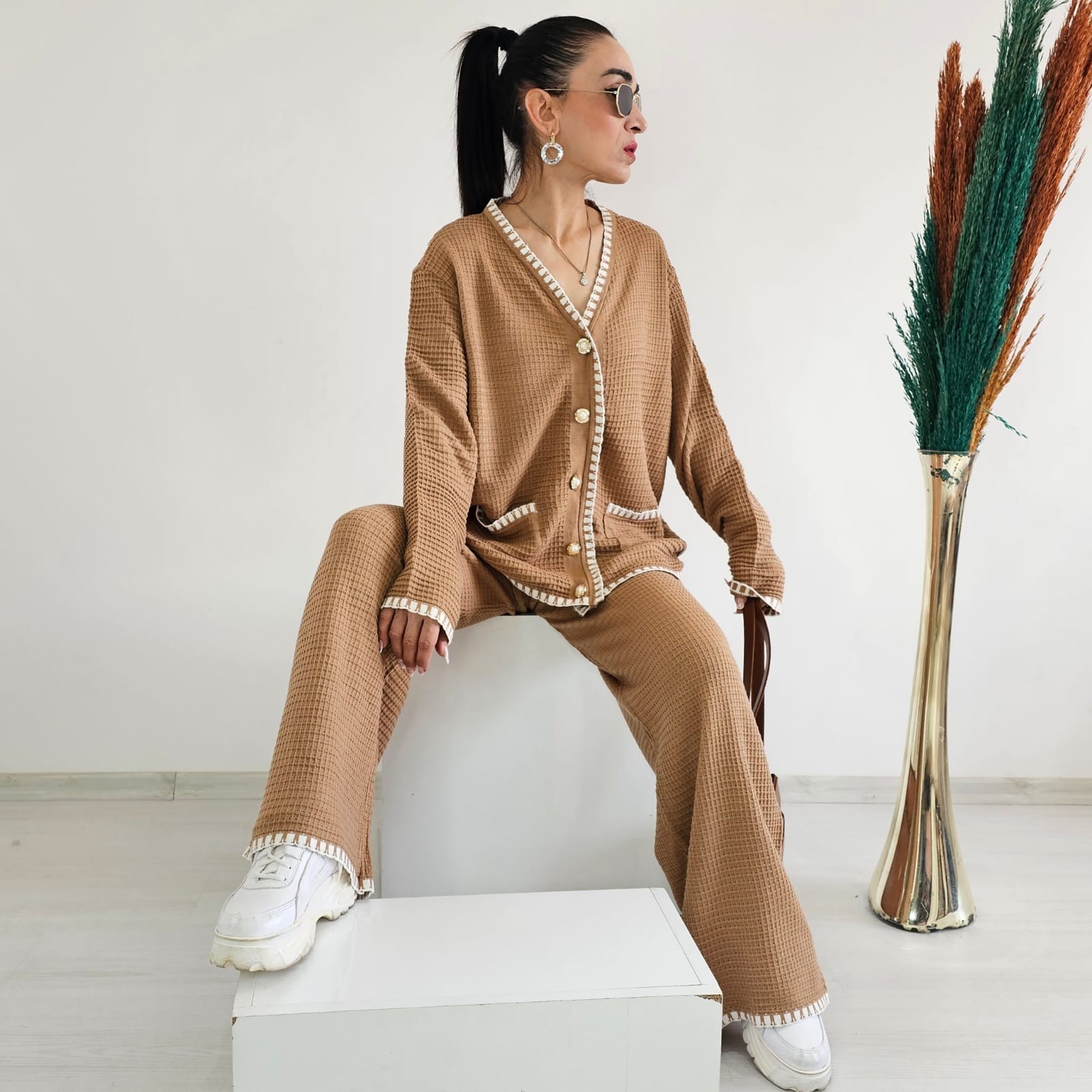İşlemeli Kroşetalı İkili Cotton Takım - CAMEL
