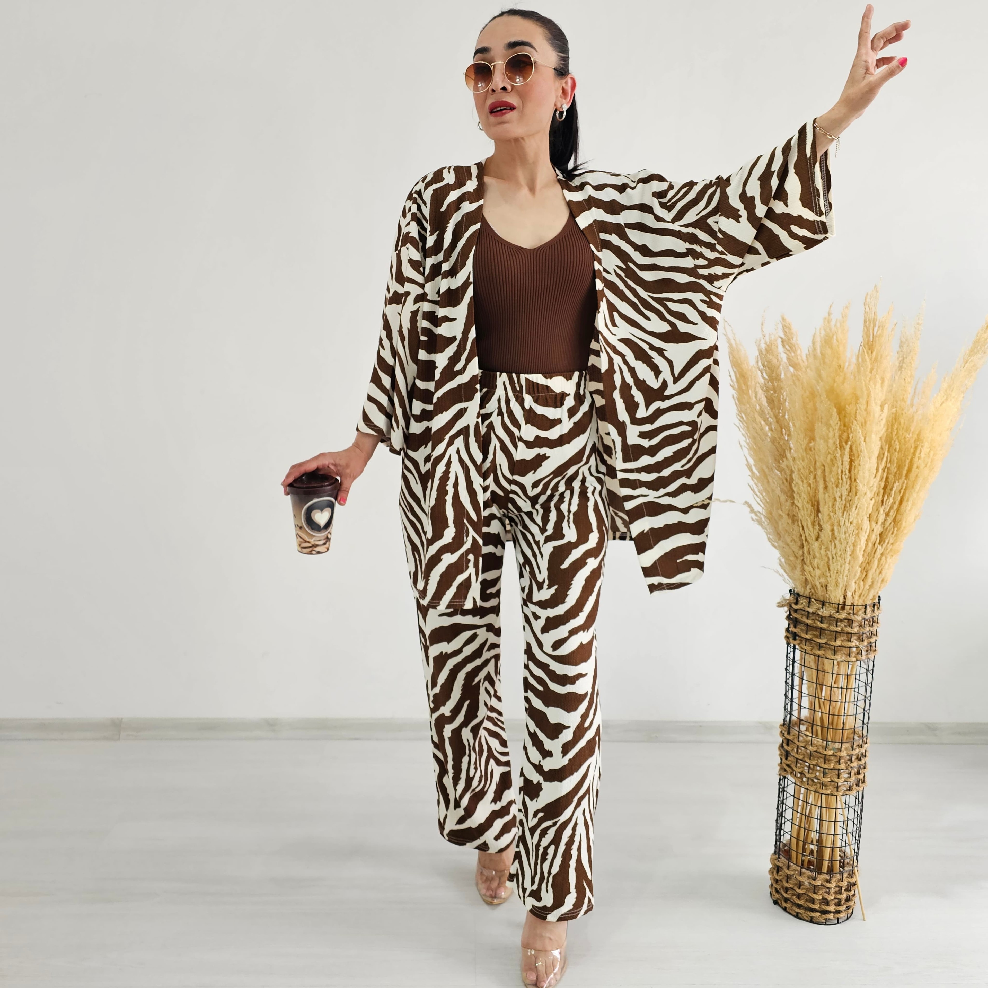 Tam bel Zebra Desen Kimono Takımı - KAHVERENGİ