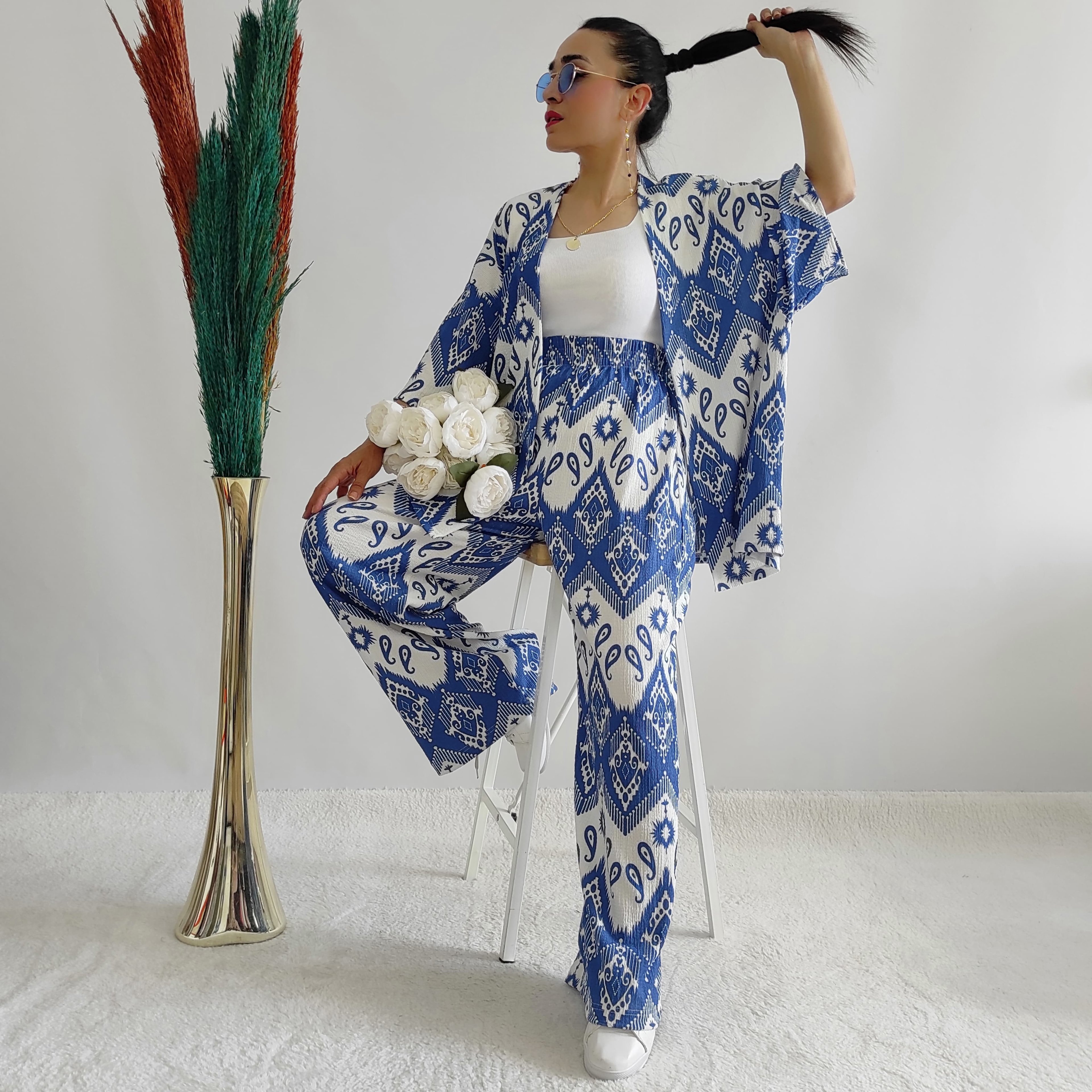 Geniş Paça Oversize Bürümcek Kumaş Desenli Kimono Takımı