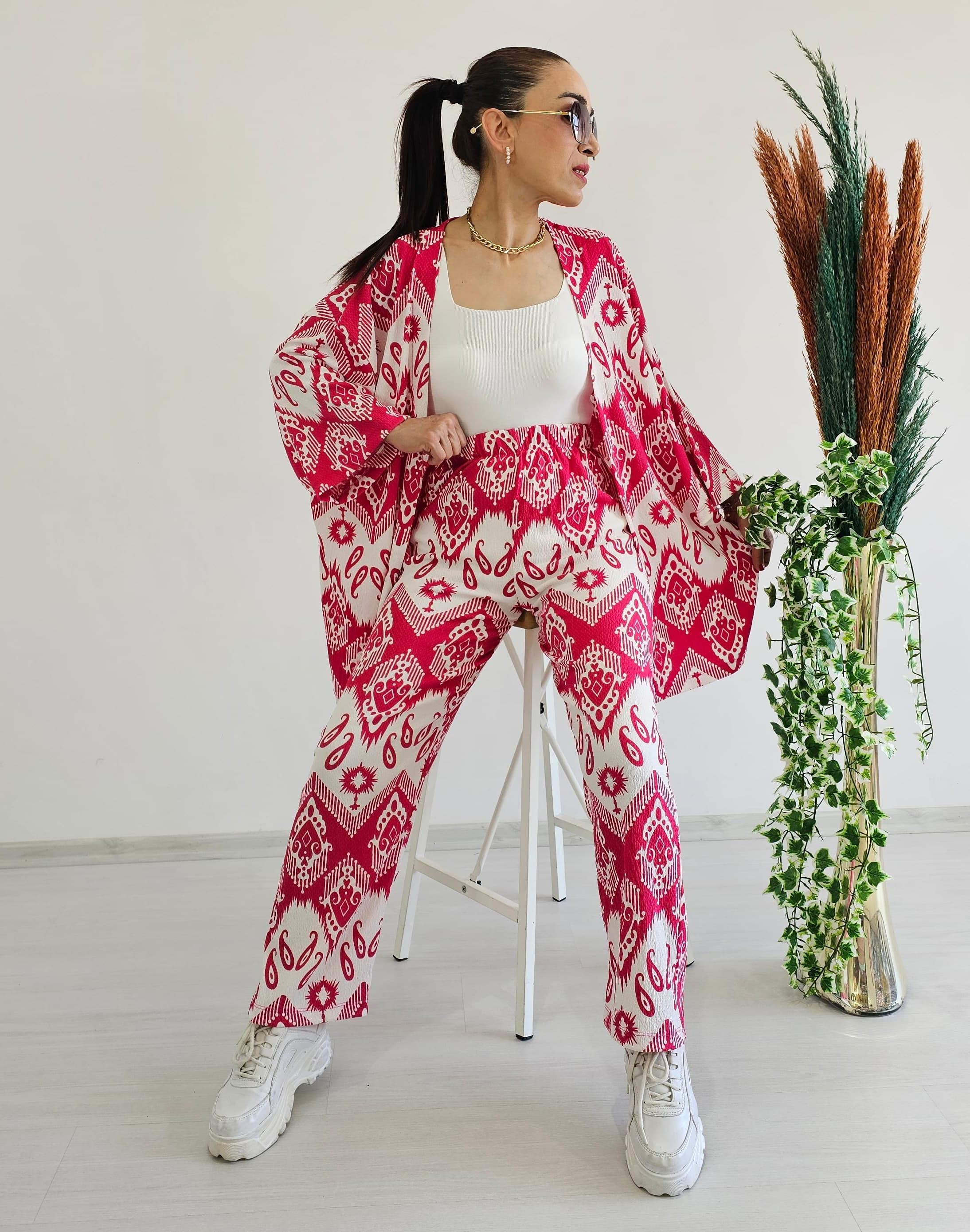 Tam Bel Boru Paça Desenli Kimono Takımı - FUŞYA