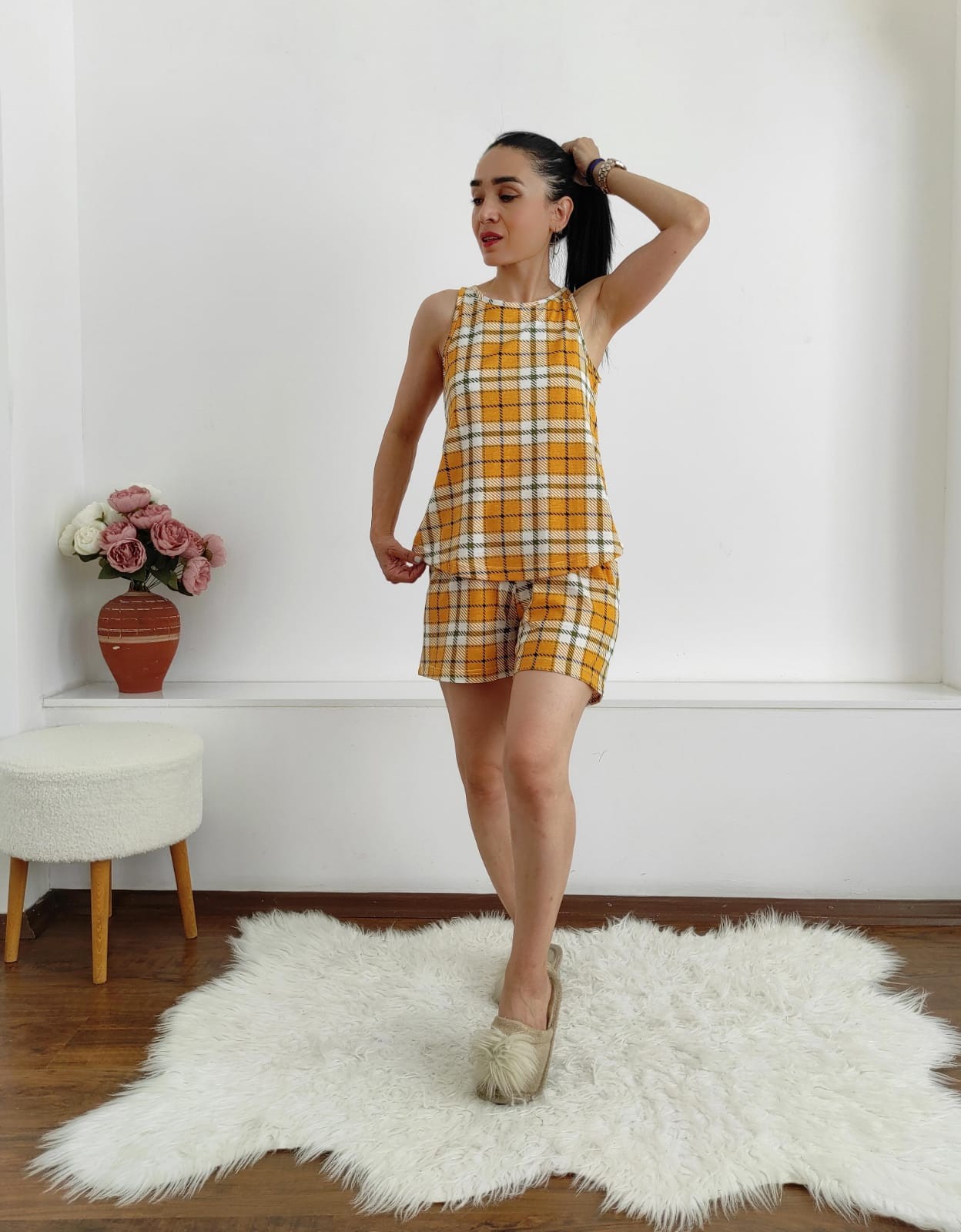 Ekose Şortlu Pijama Takım - HARDAL