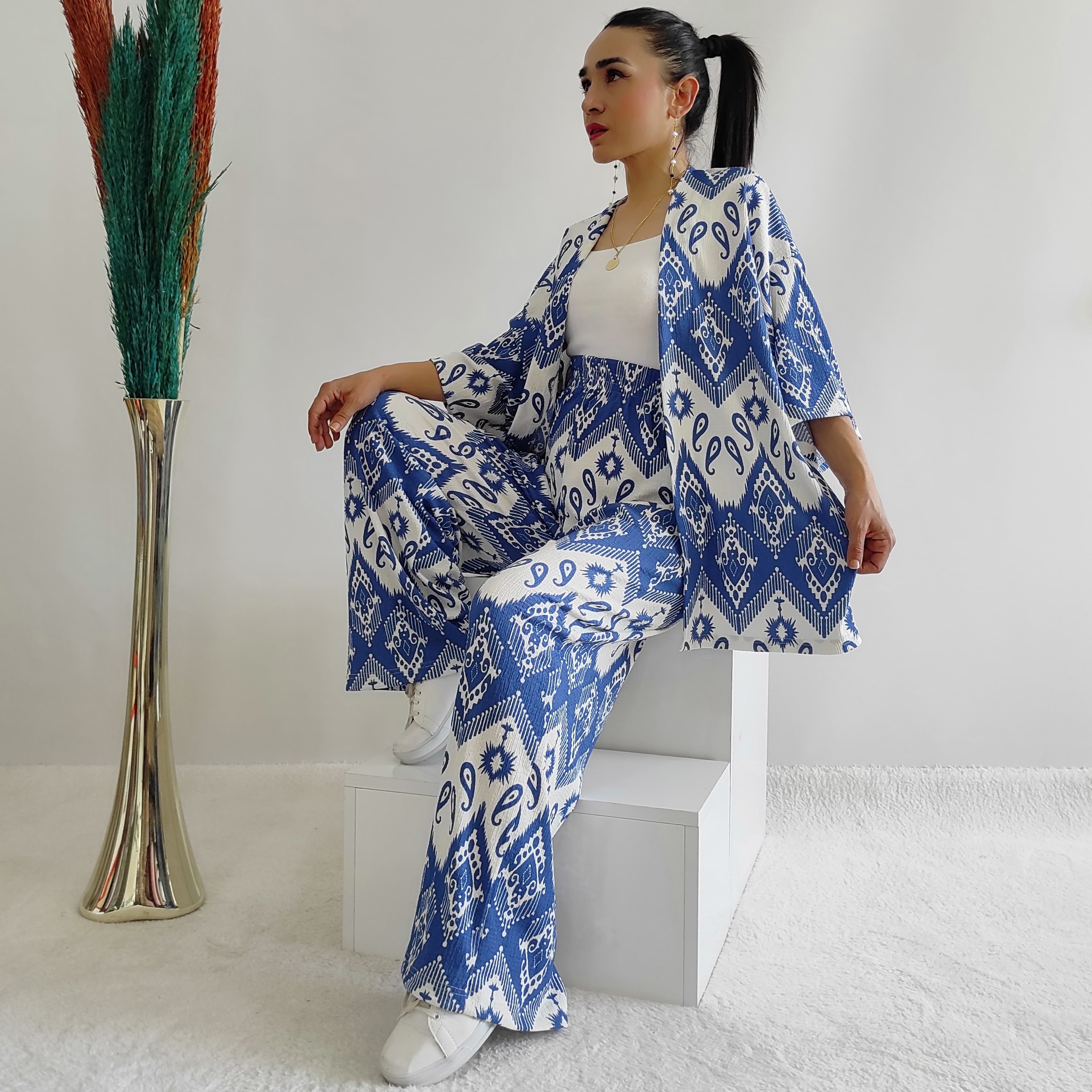 Geniş Paça Oversize Bürümcek Kumaş Desenli Kimono Takımı