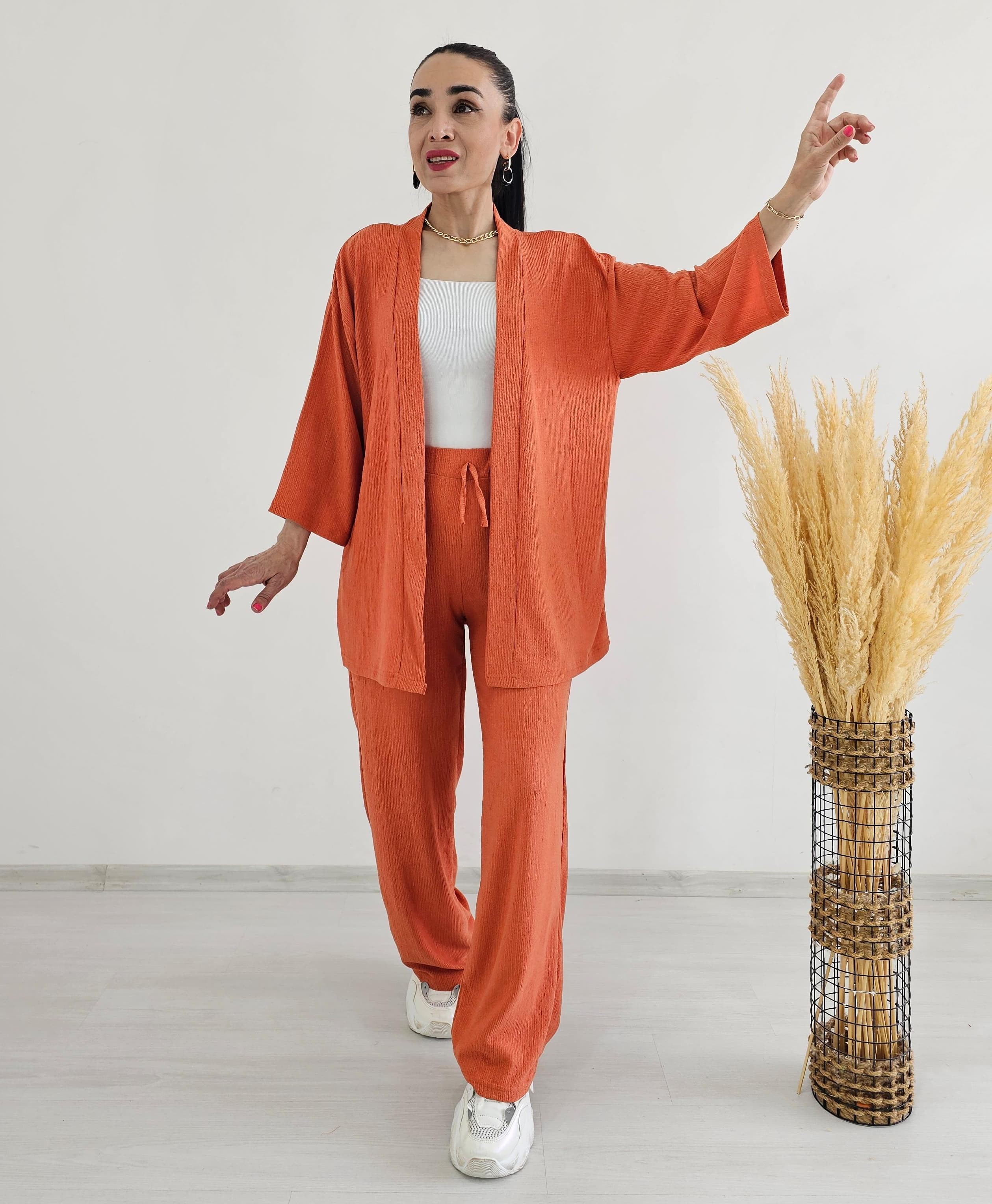 Bürümcek Kumaş Geniş Paça İkili Kimono Takımı - NEW KİREMİT