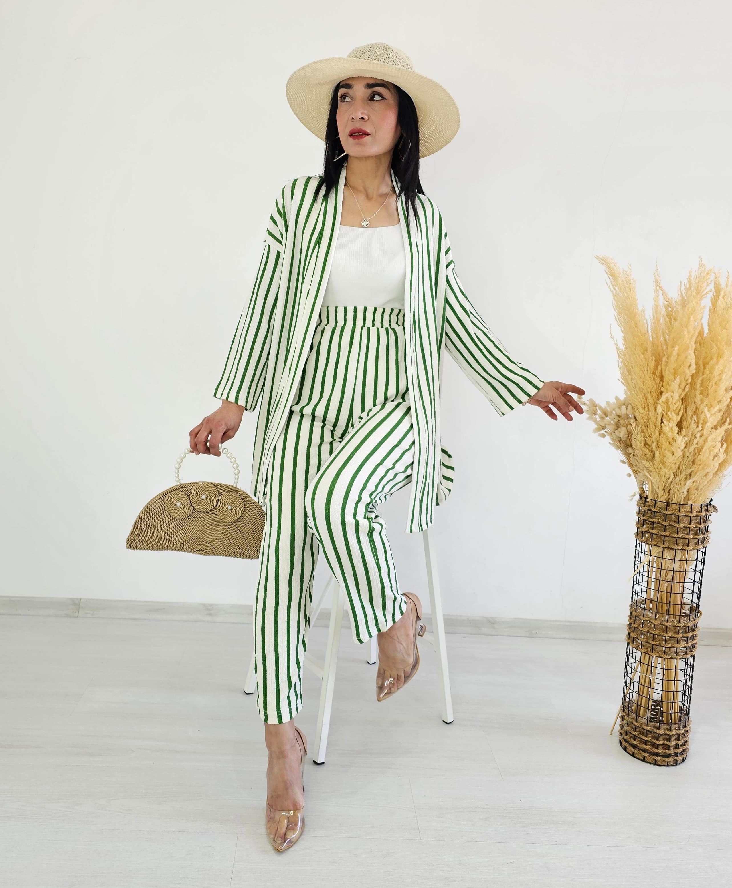 Çizgili Kimono Takım - YEŞİL