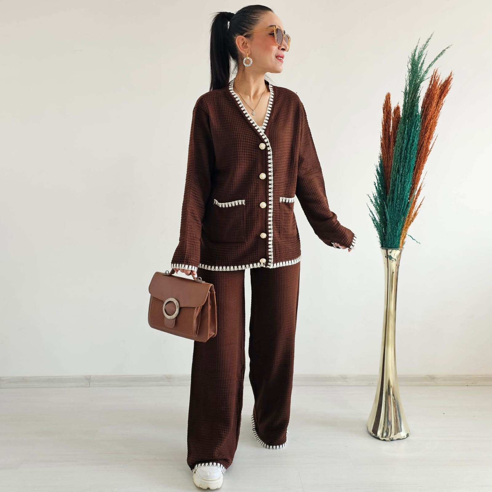 İşlemeli Kroşetalı İkili Cotton Takım - KAHVERENGİ
