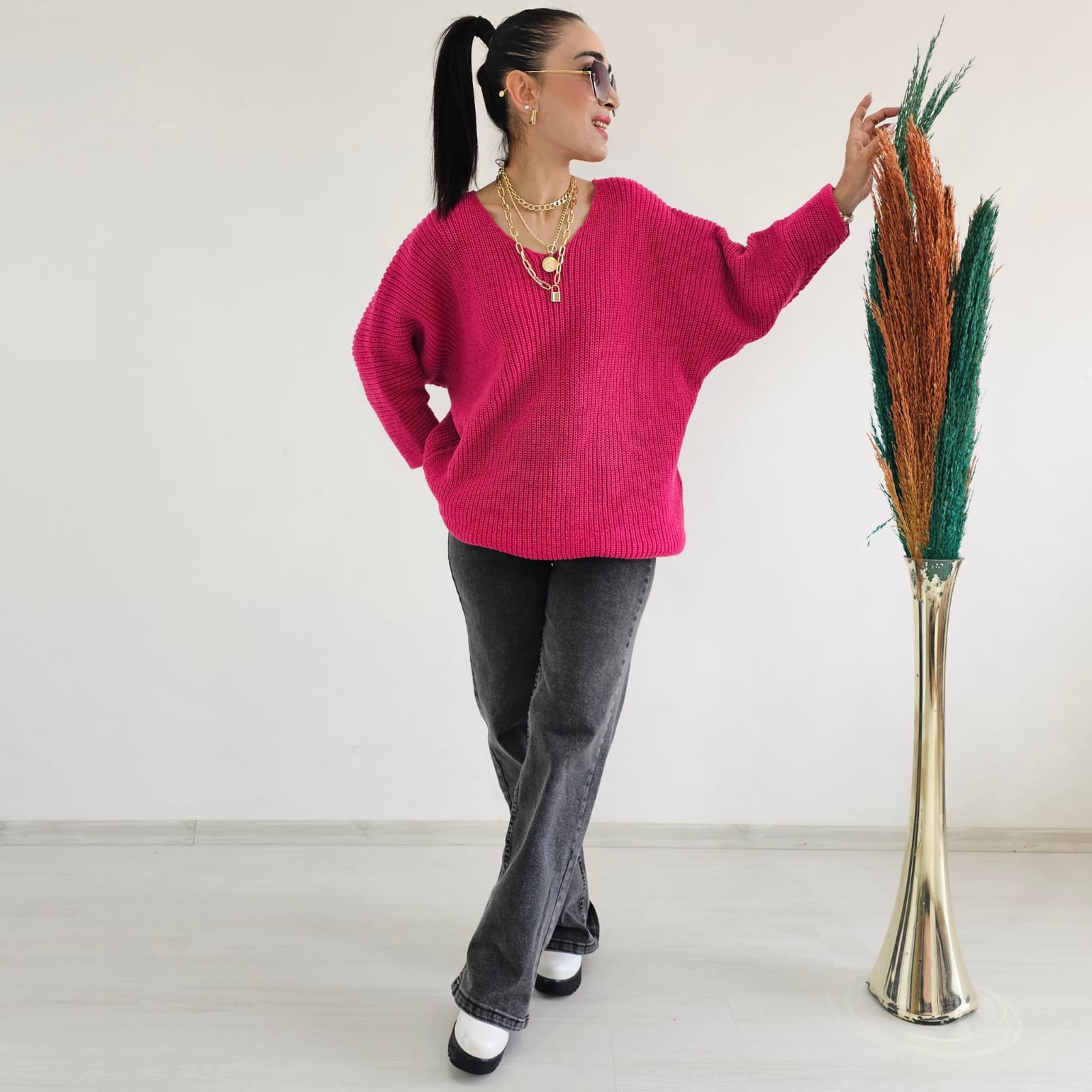 Yarasa Kol Örme Kazak - Pembe