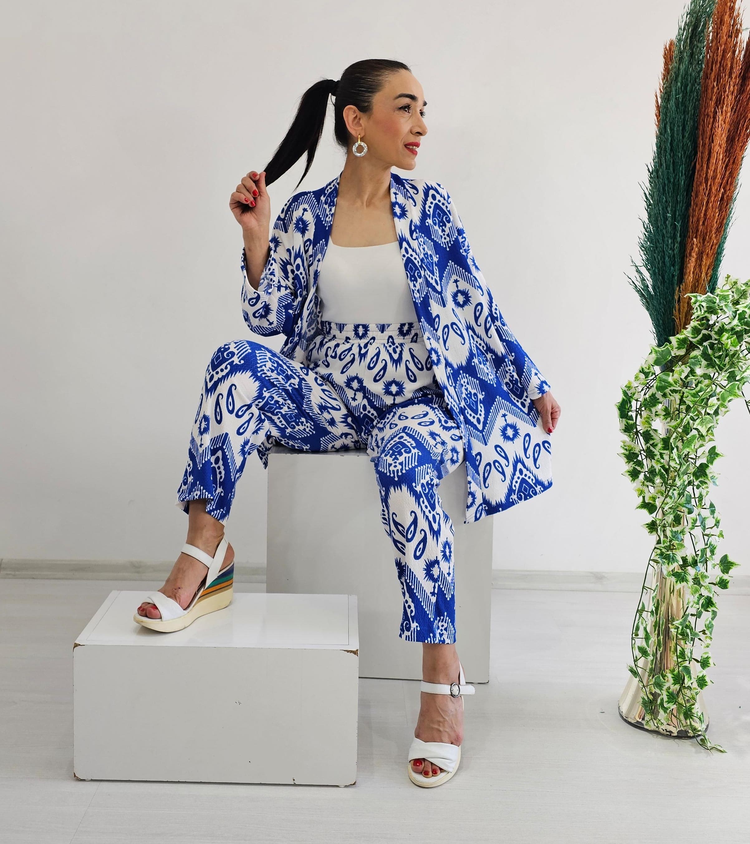 Dar Desenli Kimono Takımı - Mavi
