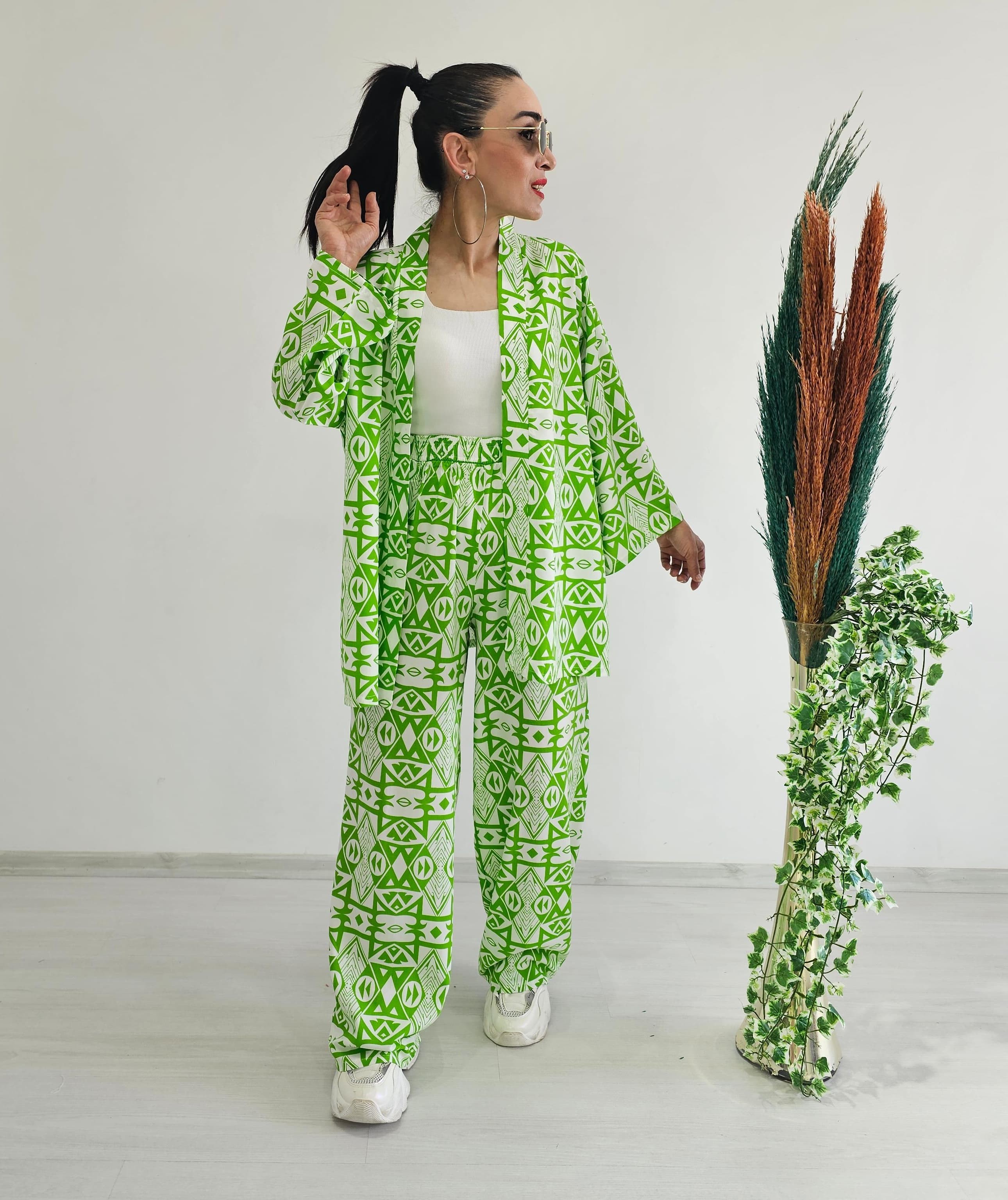 Etnik Desen Kimono Takım - YEŞİL