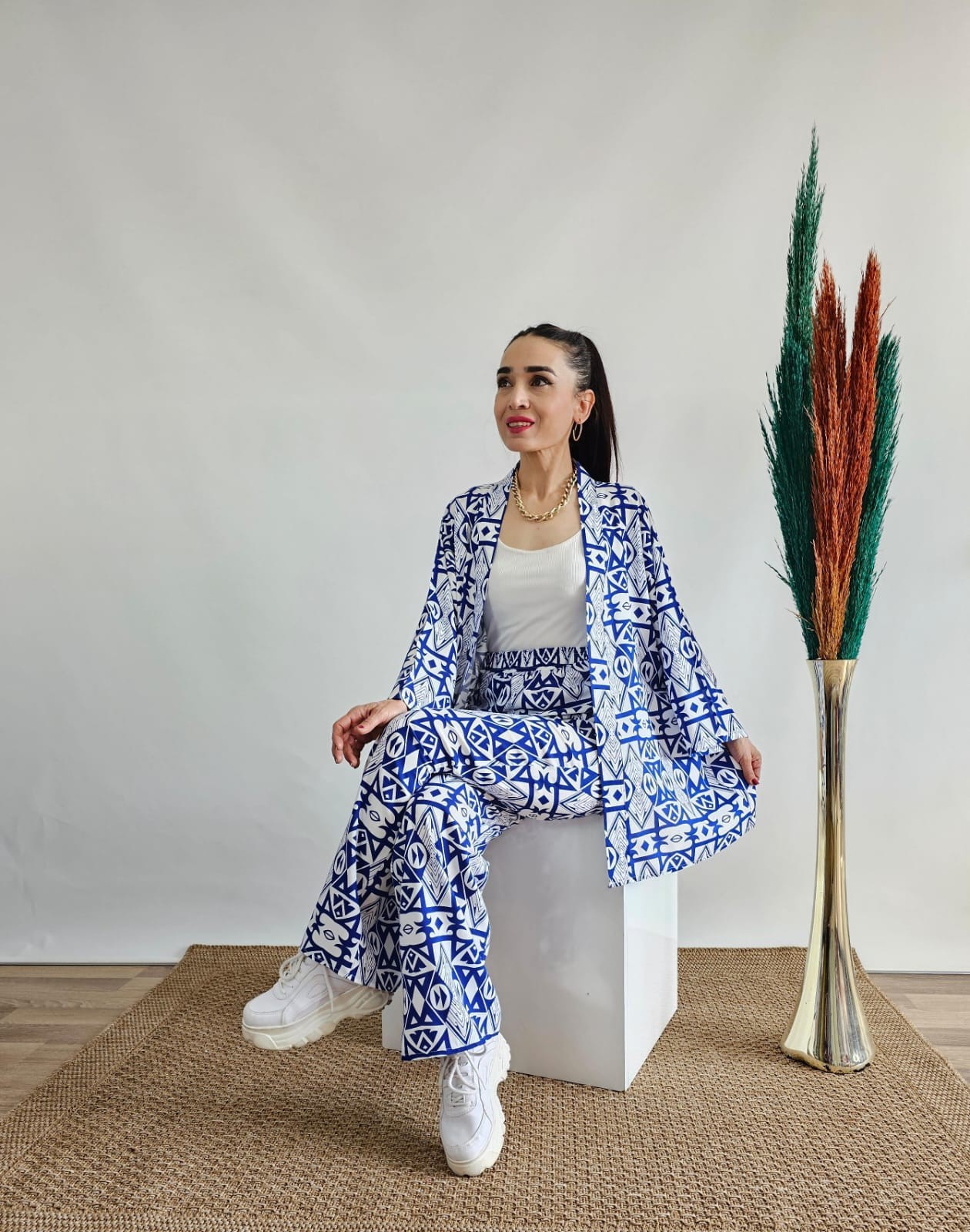 Etnik Desen Kimono Takım - Lacivert