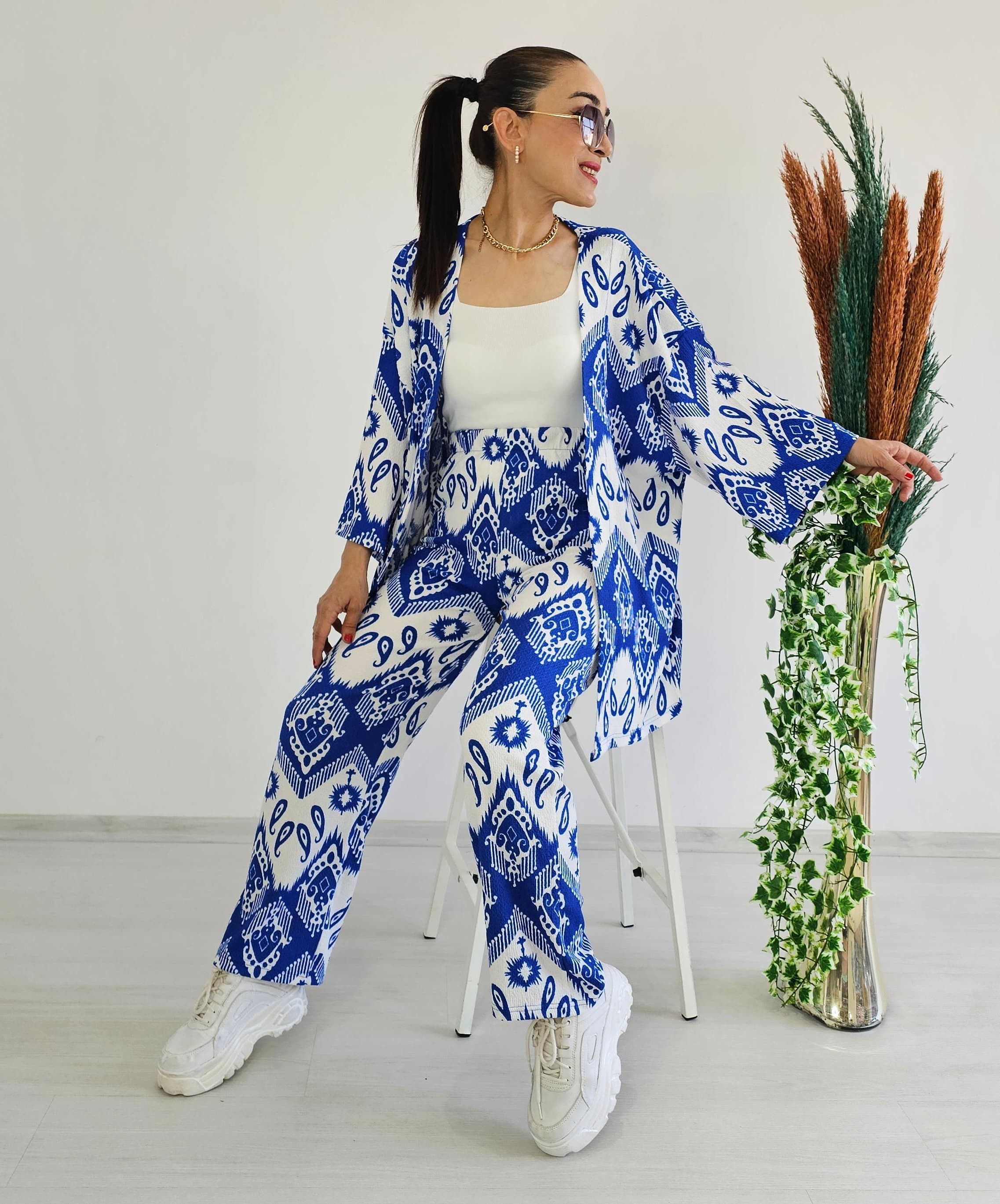 Tam Bel Boru Paça Desenli Kimono Takımı - Mavi
