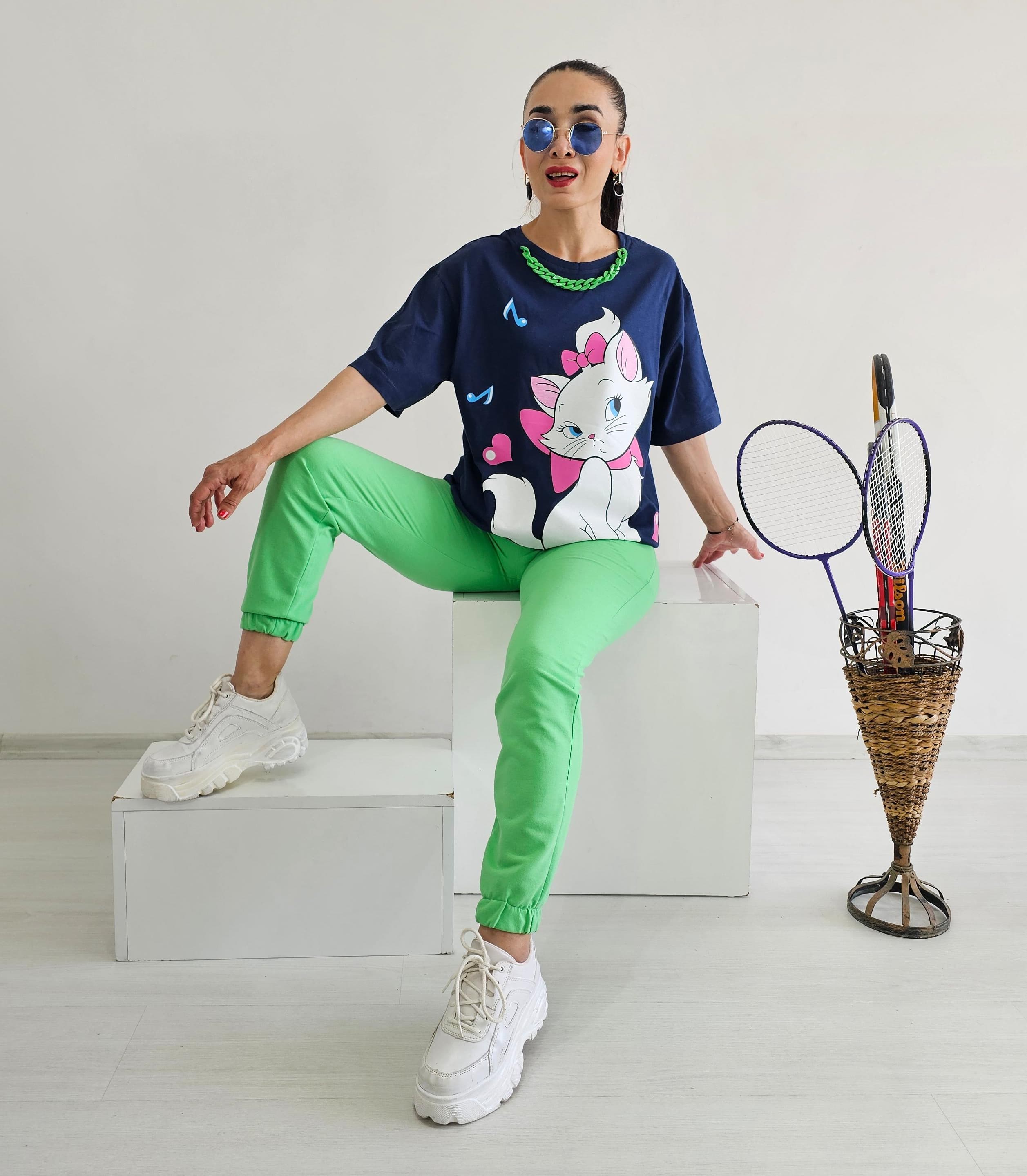 Kedi Baskı Kolyeli Eşofman Takımı - Lacivert