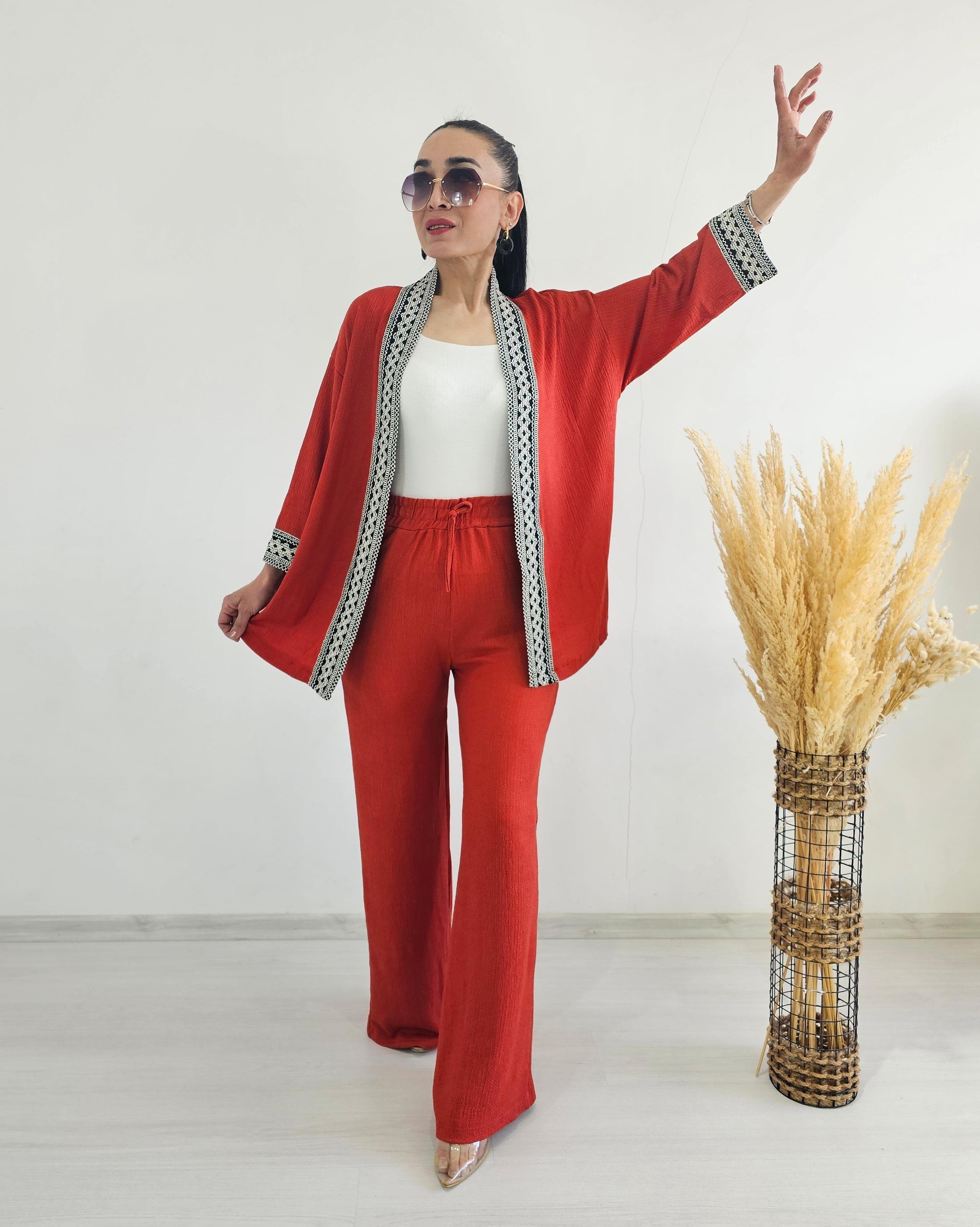 Nakışlı Geniş paça Kimono Takım