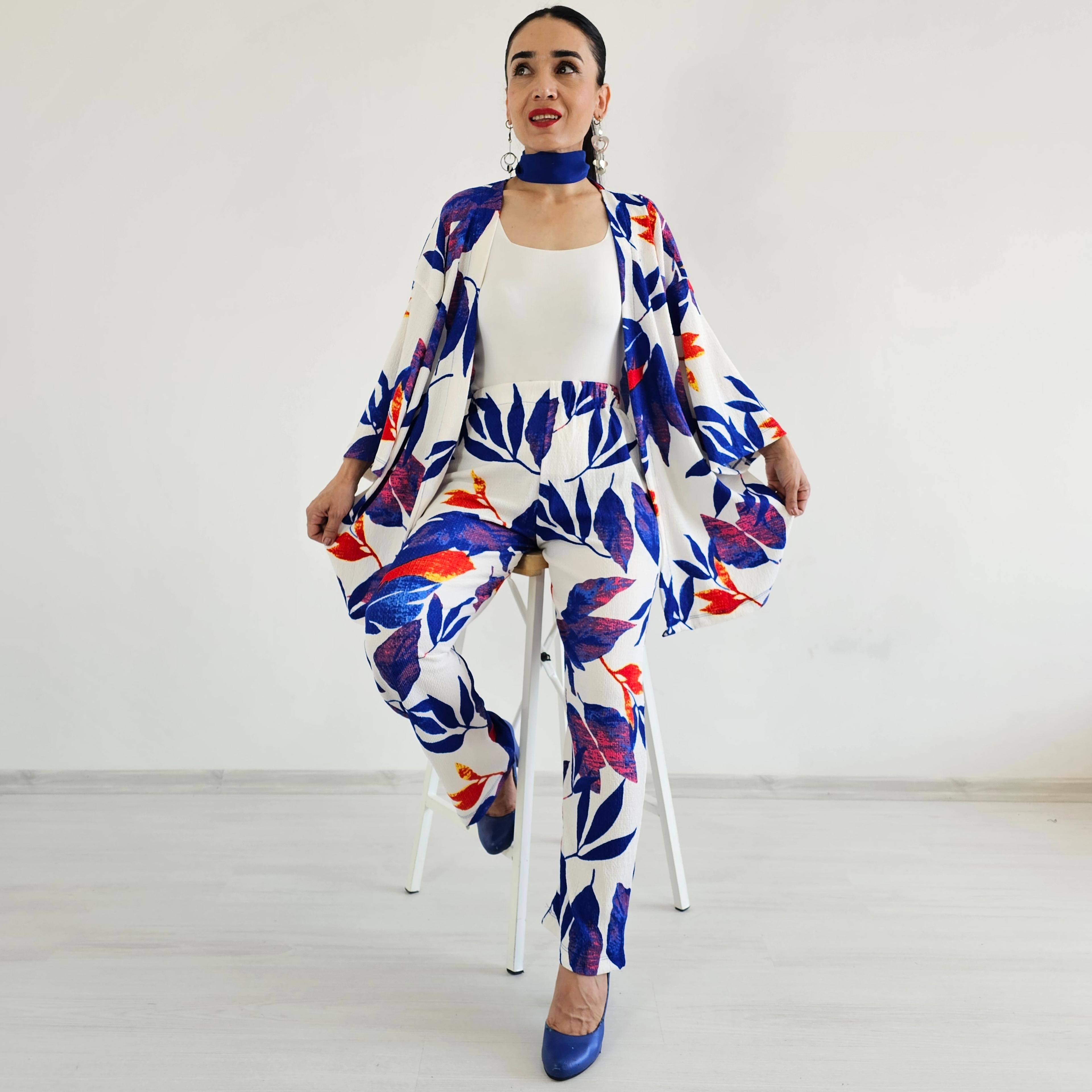 Zulaa Büyük Yaprak Desenli Kimono Takımı - SAKS