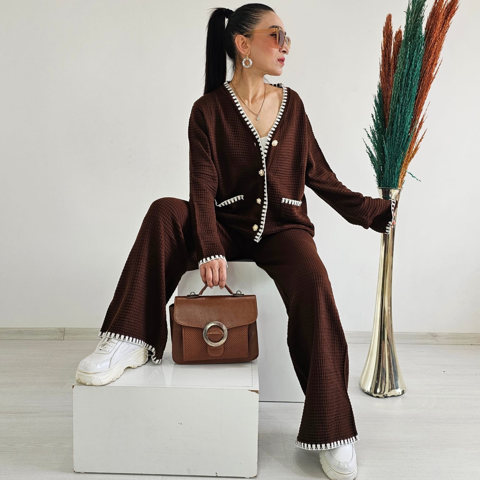 İşlemeli Kroşetalı İkili Cotton Takım - KAHVERENGİ