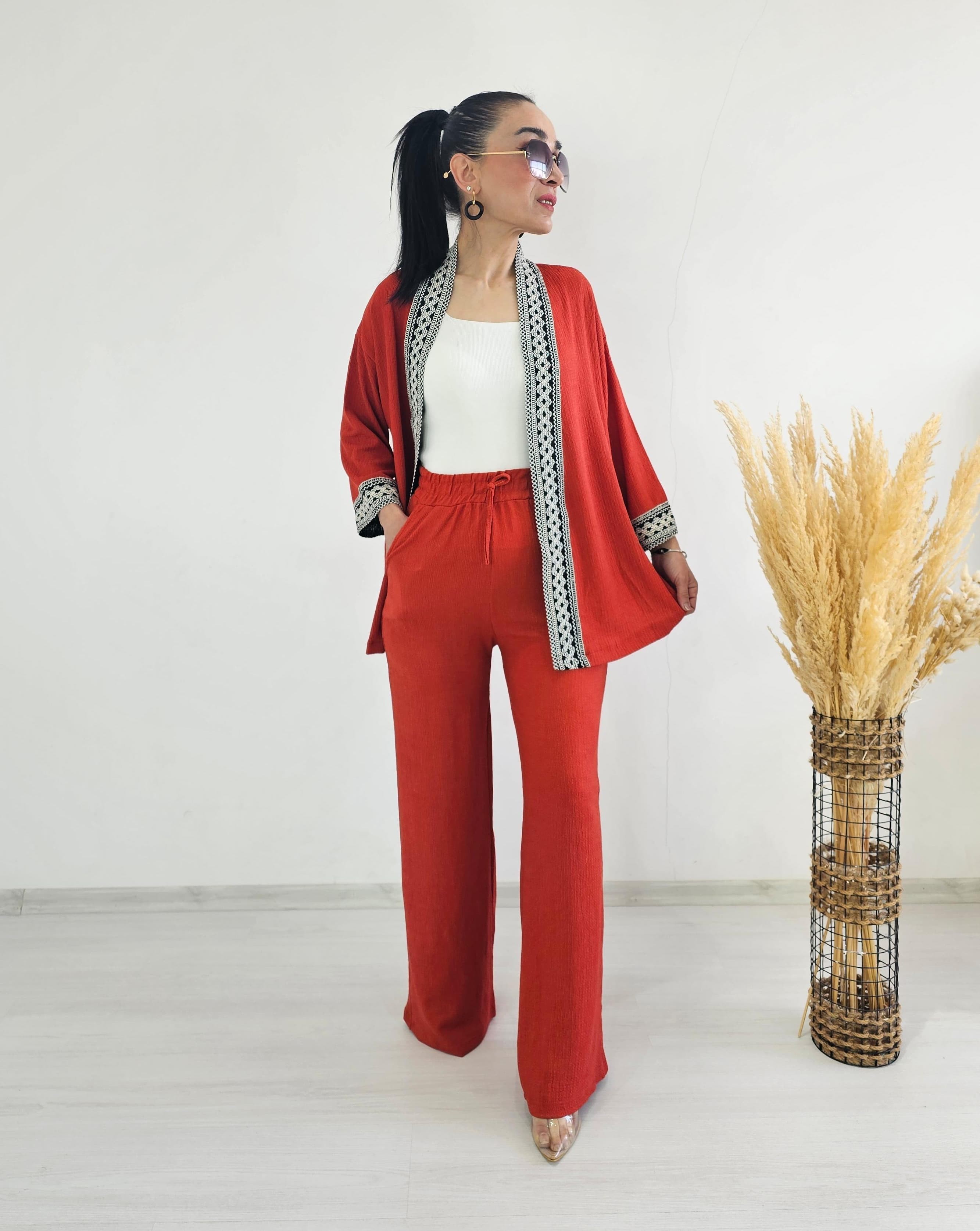Nakışlı Geniş paça Kimono Takım