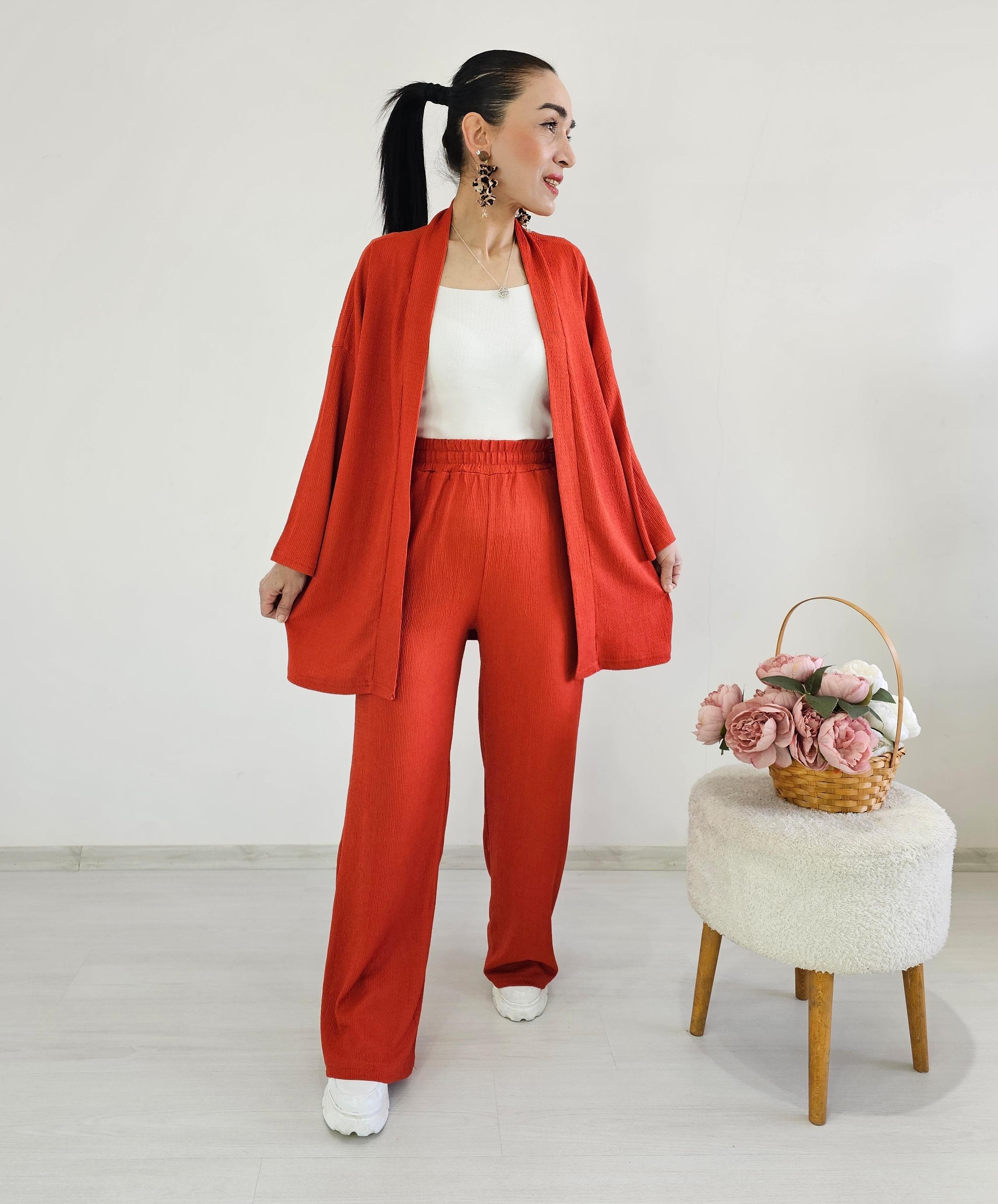 Düz Geniş Paça Kimono Takımı - KİREMİT