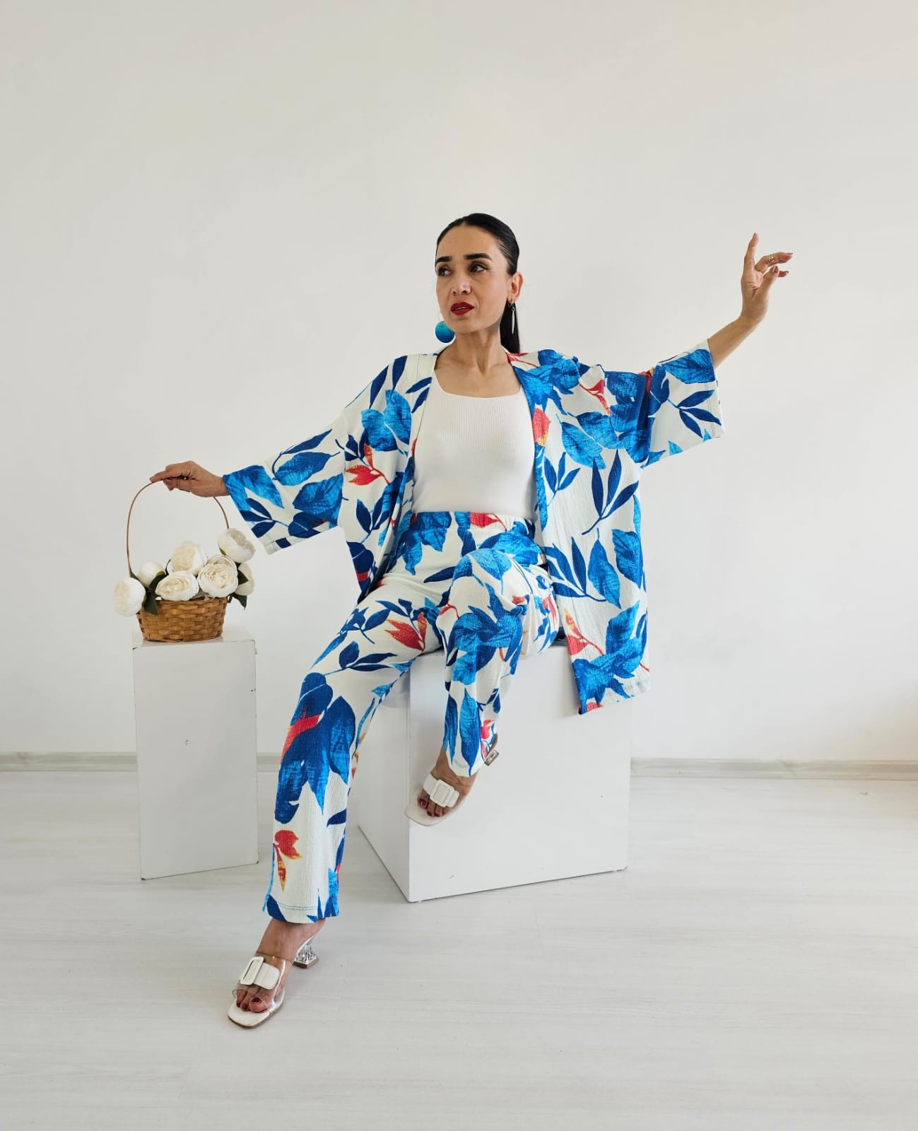 Zulaa Büyük Yaprak Desenli Kimono Takımı - Mavi
