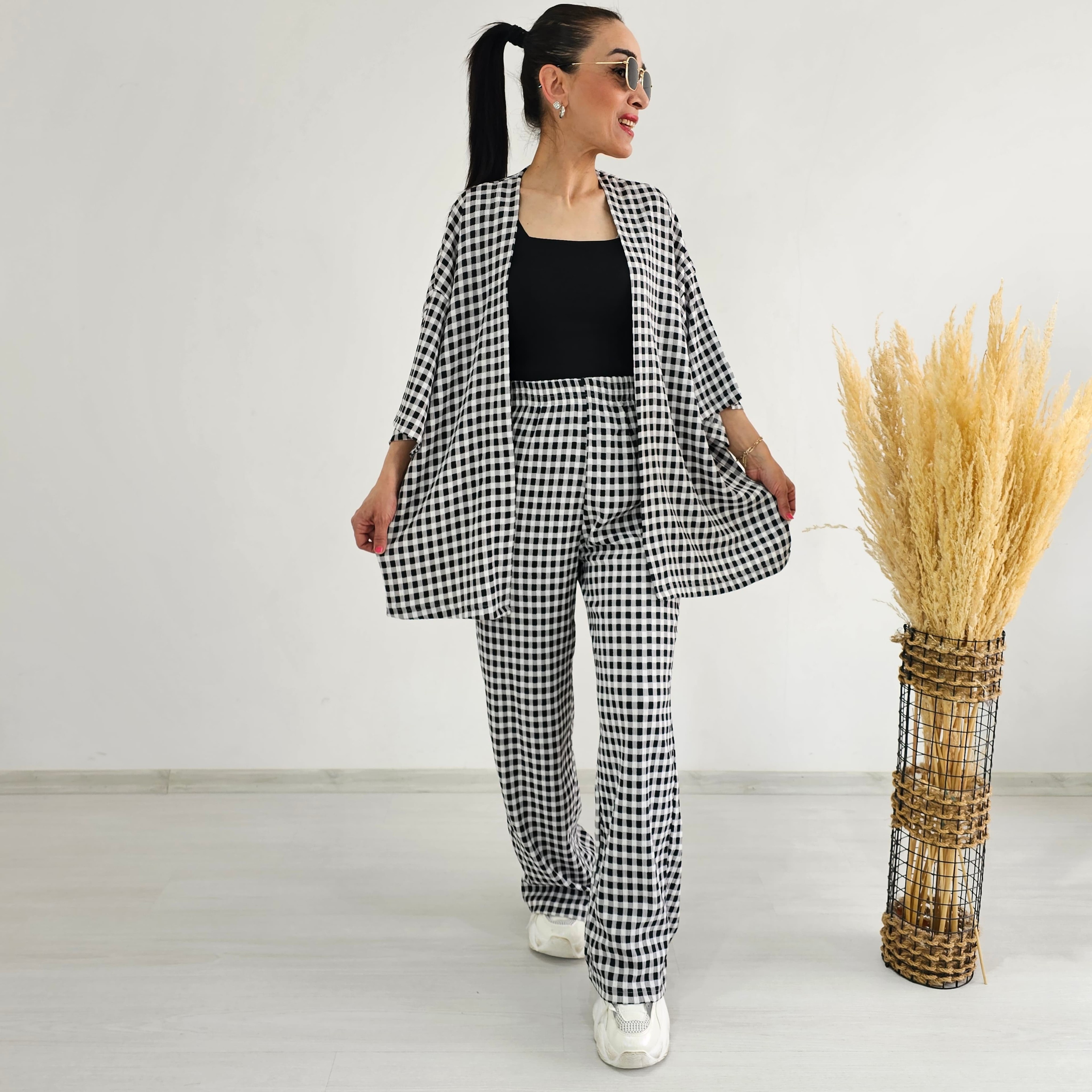 Zulaa Kare Desenli Kimono Takımı