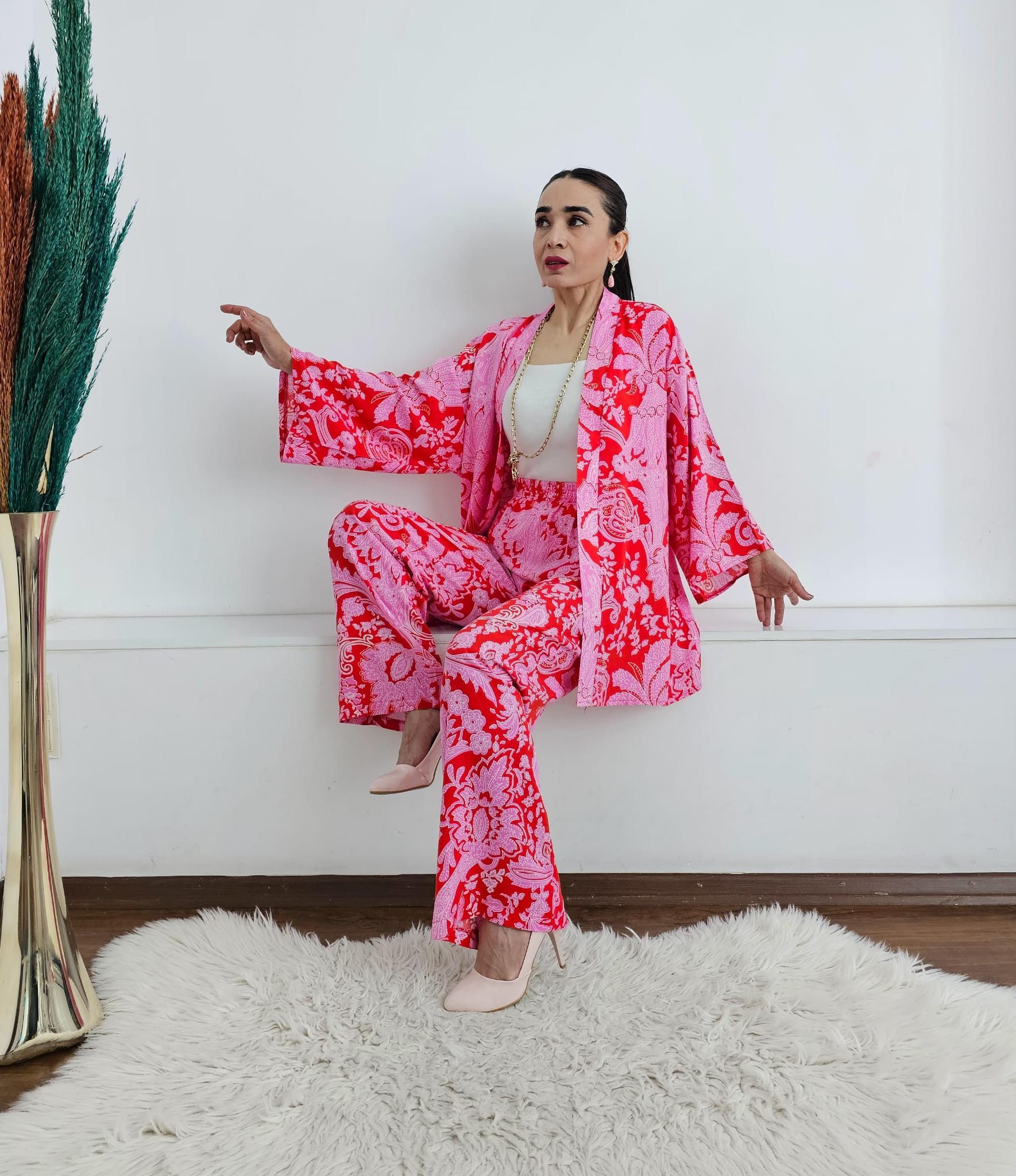 BTX Viskon Desenli Kimono Takım - Pembe