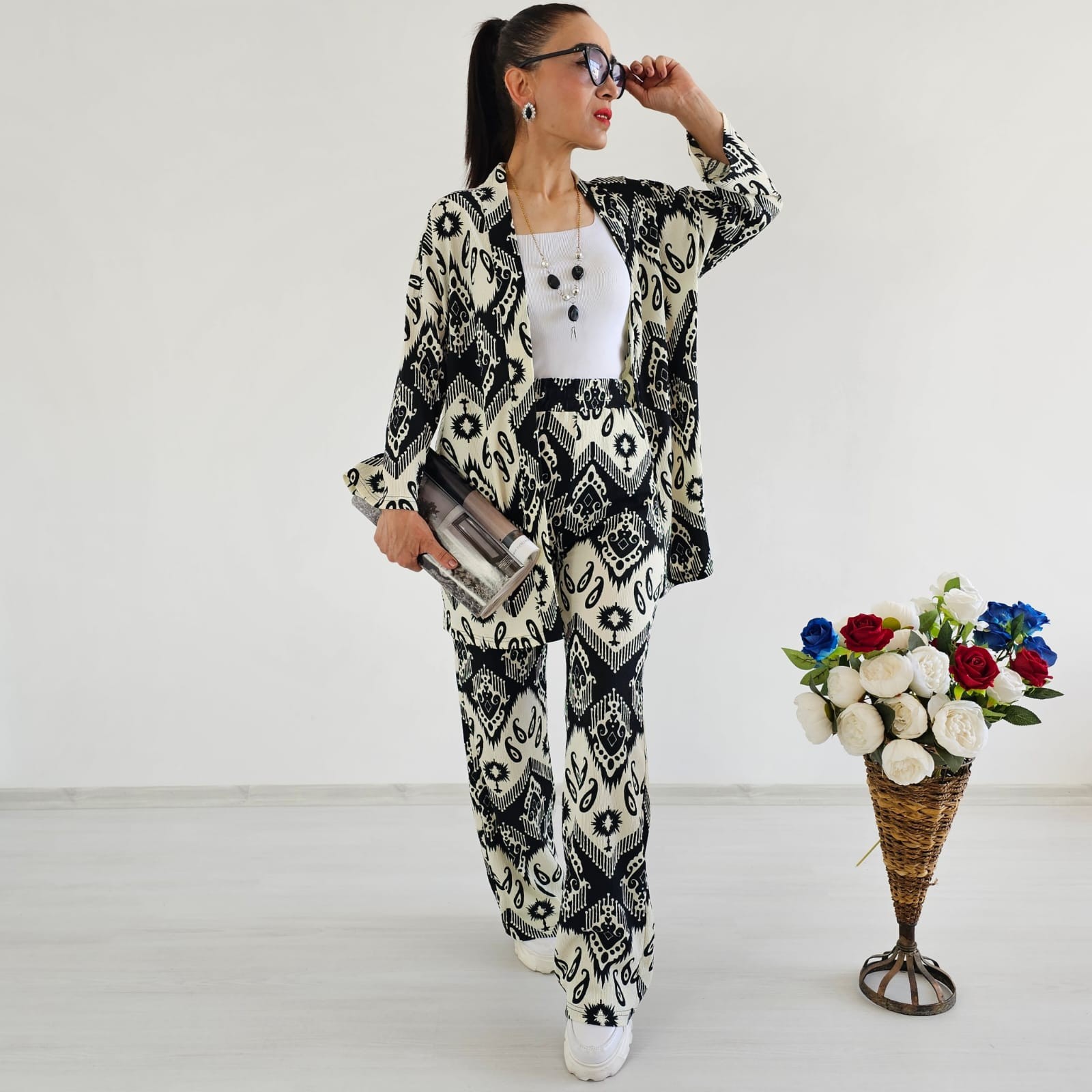 Trend Desenli Kimono Takımı - SİYAH