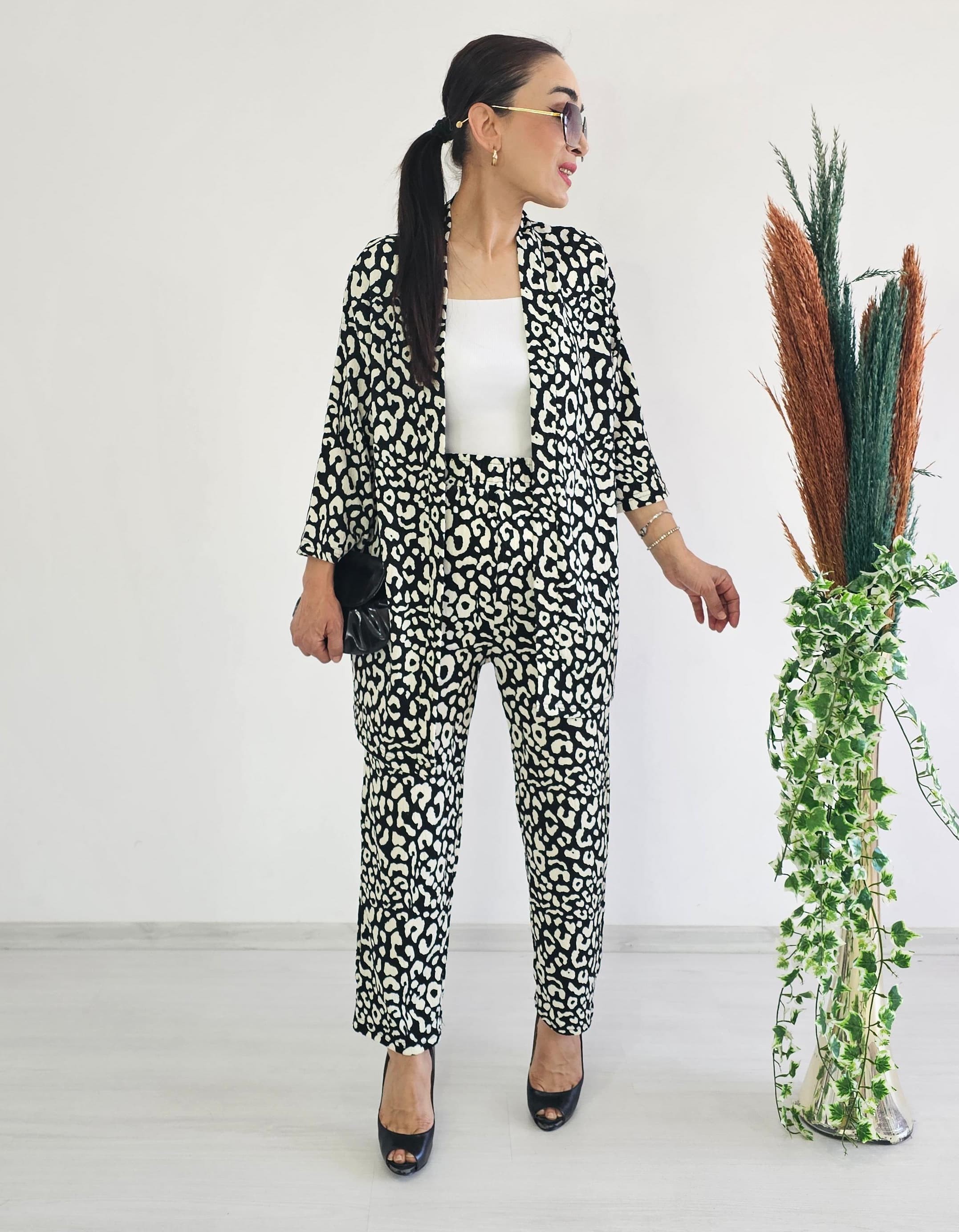 Havuç Paça Leopar desen Kimono Takım - SİYAH